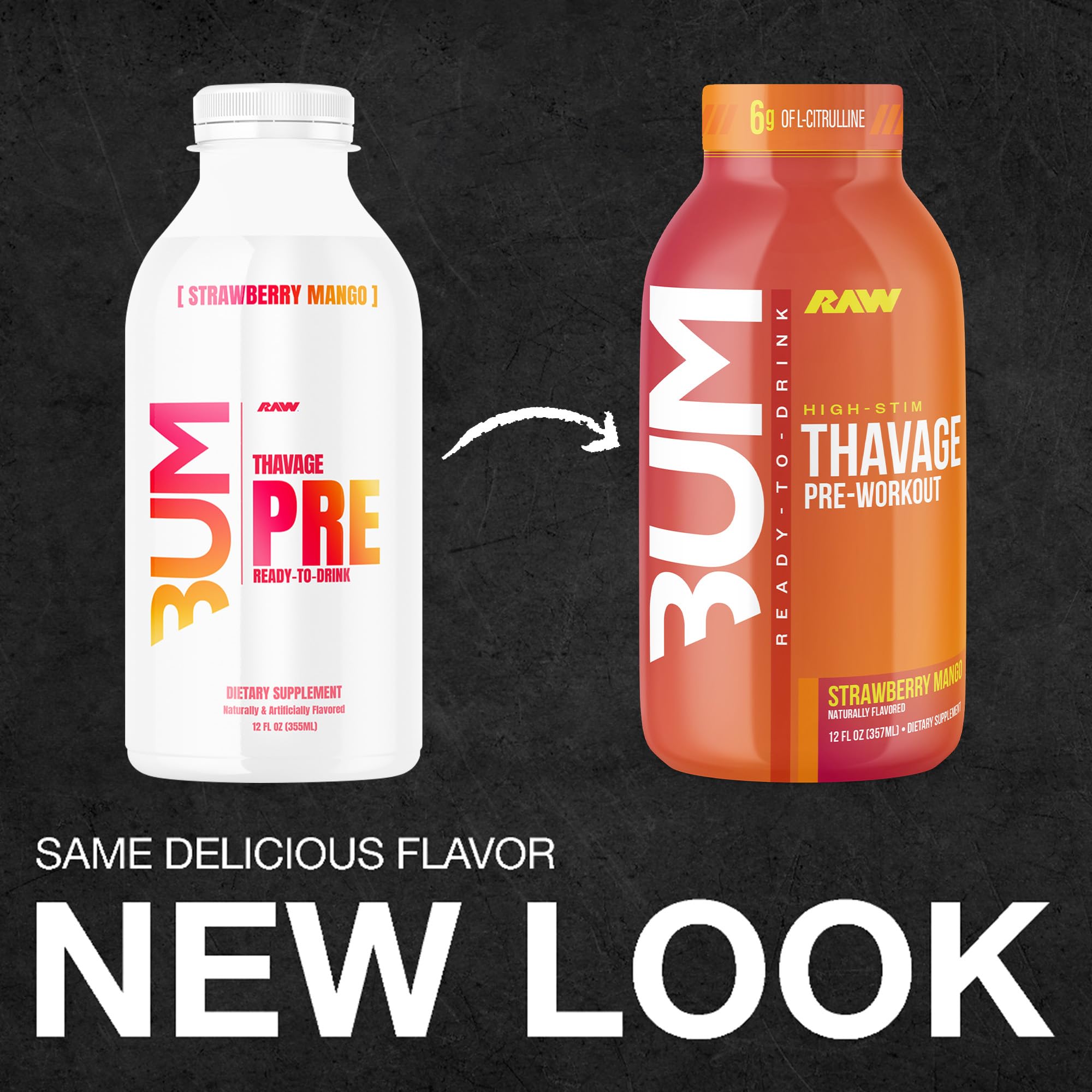 RAW Ready to Drink Pre-Workout Drink - BUM Thavage RTD Preworkout Shakes - Energy Supplement Drinks with Beta Alanine, L-Citrulline & Caffeine - Zero