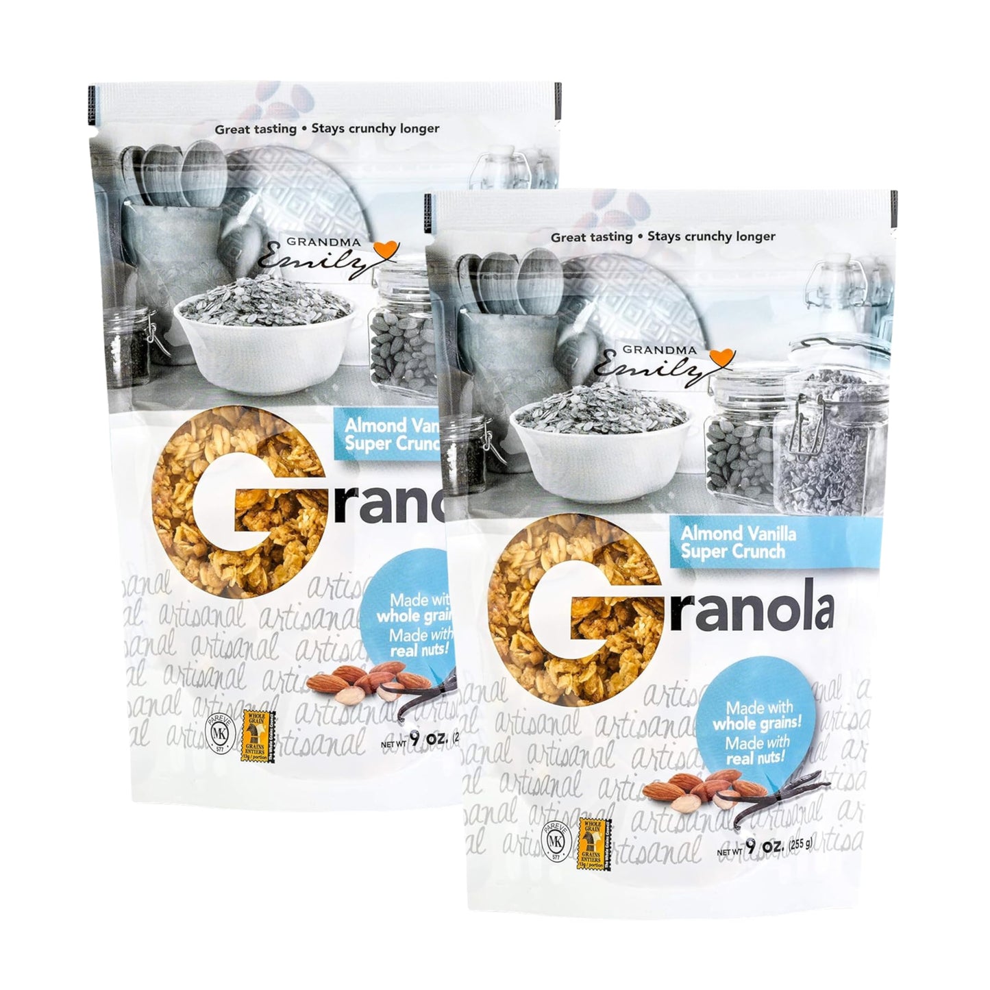 Grandma Emily Almond Vanilla Super Crunch Granola Custer Cereal with Rolled Oats, Brown Sugar, Puffed Rice, and Almonds, 9 ounces (Pack of 2)