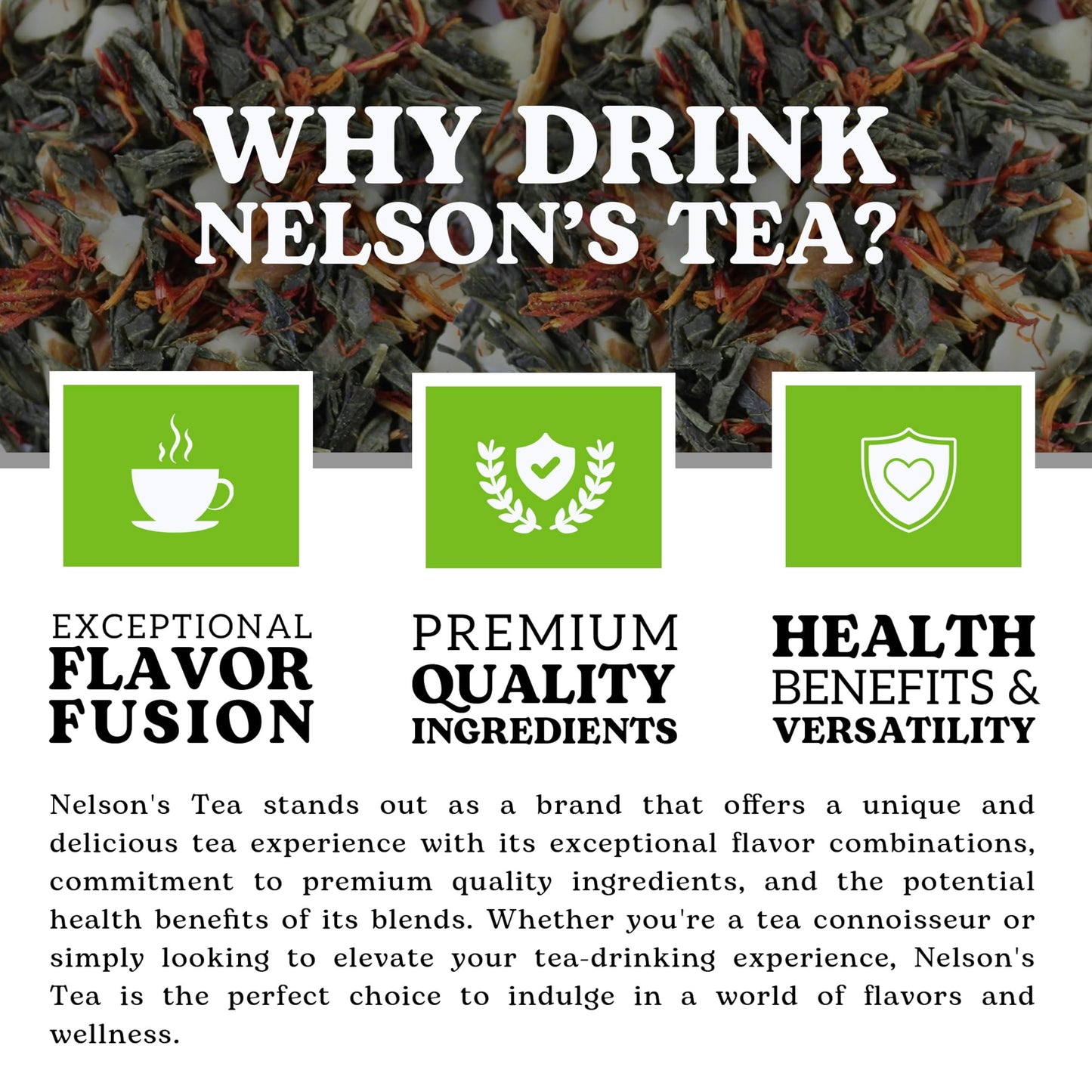 Nelson's Tea Almond Amaretto - Herbal Green Loose Leaf Tea, Curated Blend with Sencha Green Tea, almonds, Dried Cherries, and Safflower - Perfect