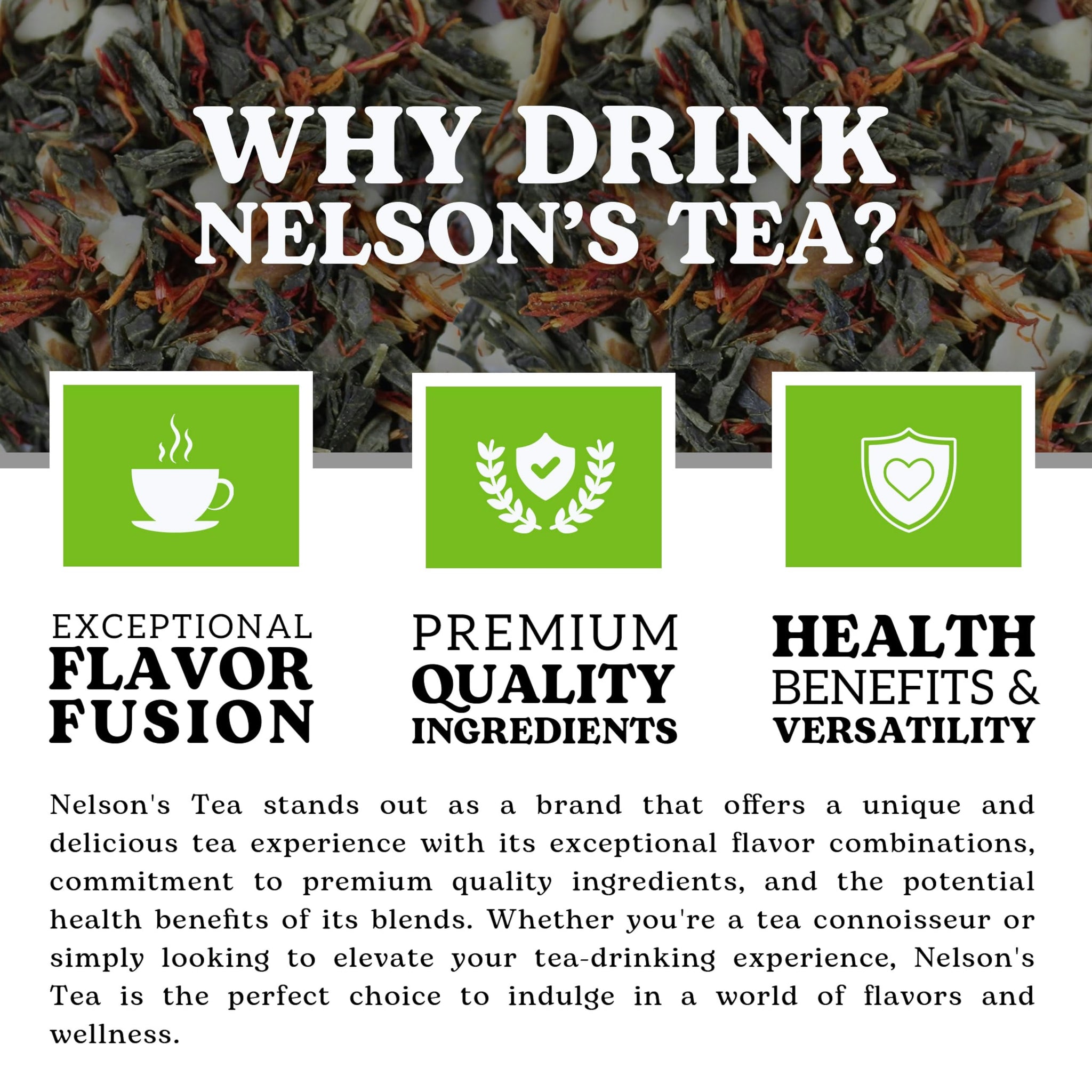 Nelson's Tea Almond Amaretto - Herbal Green Loose Leaf Tea, Curated Blend with Sencha Green Tea, almonds, Dried Cherries, and Safflower - Perfect