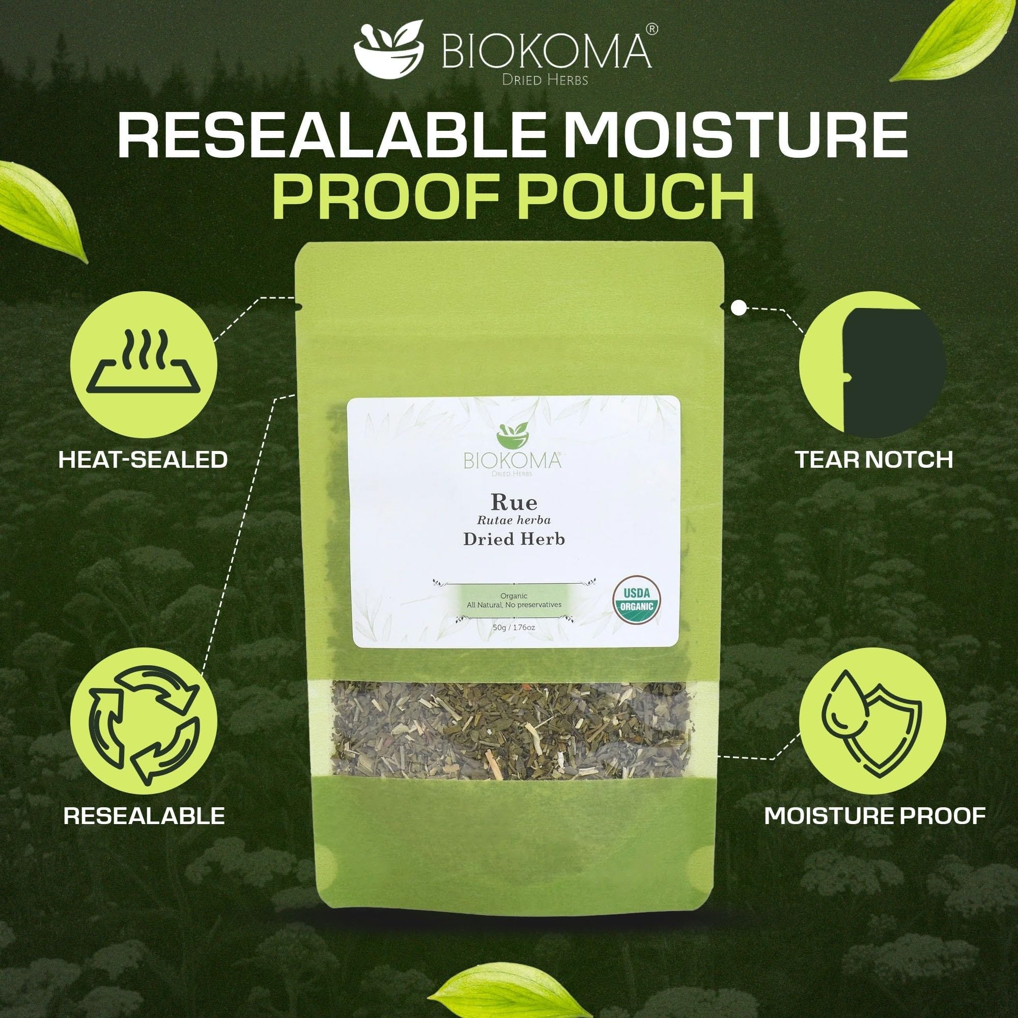 Biokoma Organic Rue Dried Herb 50g Premium Loose Leaf Ruta Graveolens USDA Organic Herbal Tea Aromatic Sachets Spiritual Use Resealable Moisture Proof