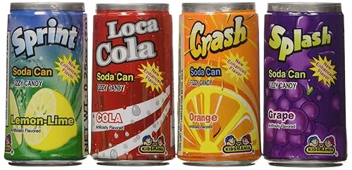 Kidsmania Soda Can Fizz Candy Variety Pack: Sprint Lemon Lime, Loca Cola, Crash Orange, Splash Grape - 0.25 Ounce, 72-Pack
