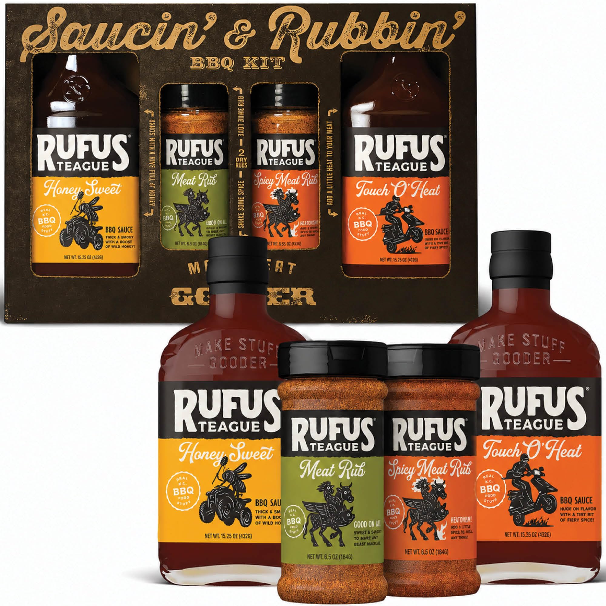 Rufus Teague BBQ Sauce and Rub Cooking Gift Set, Saucin' & Rubbin' 4pk Kit
