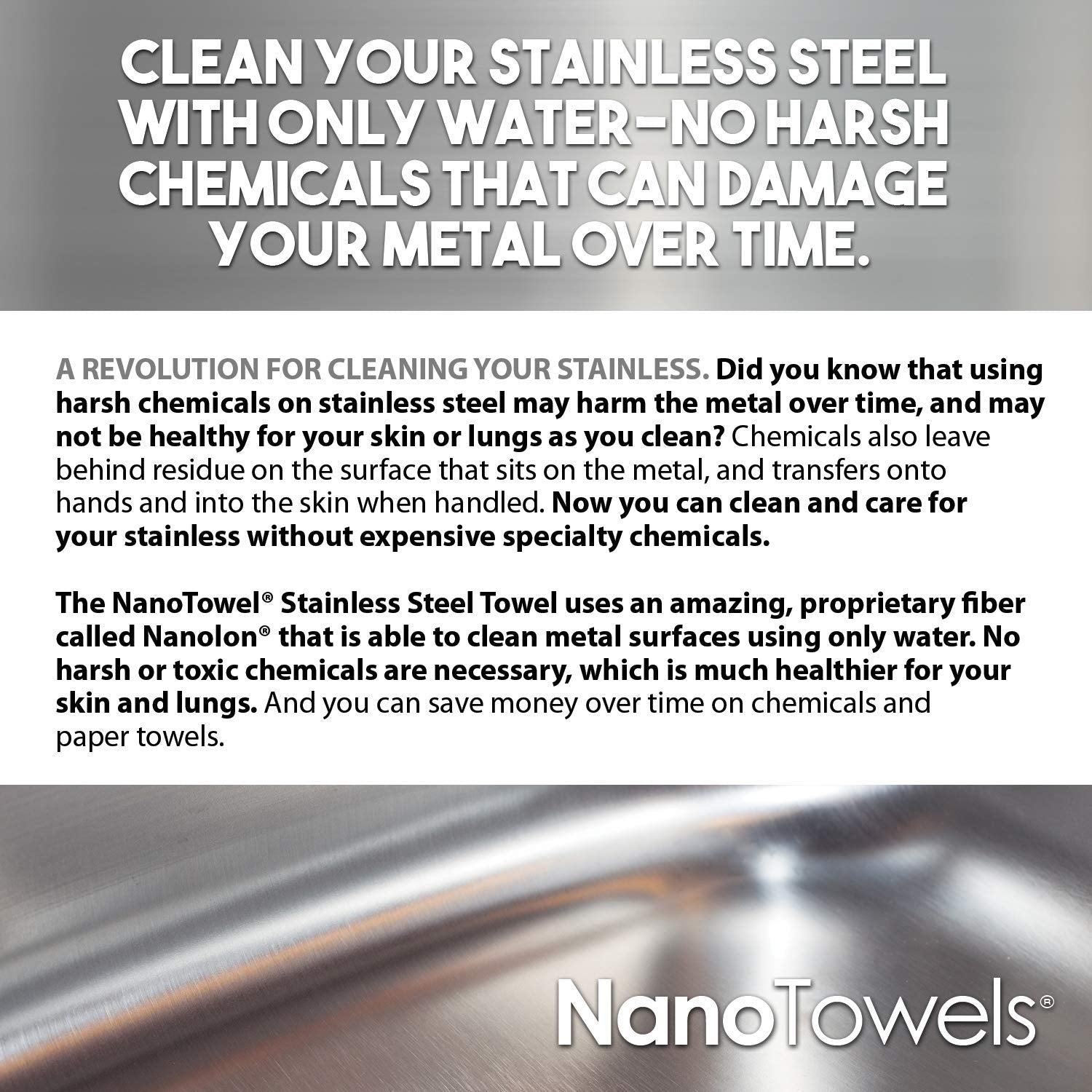 Nano Towels Stainless Steel Cleaner | The Amazing Chemical Free Stainless Steel Cleaning Reusable Wipe Cloth | Kid & Pet Safe | Grey 7x16 (1 pc)