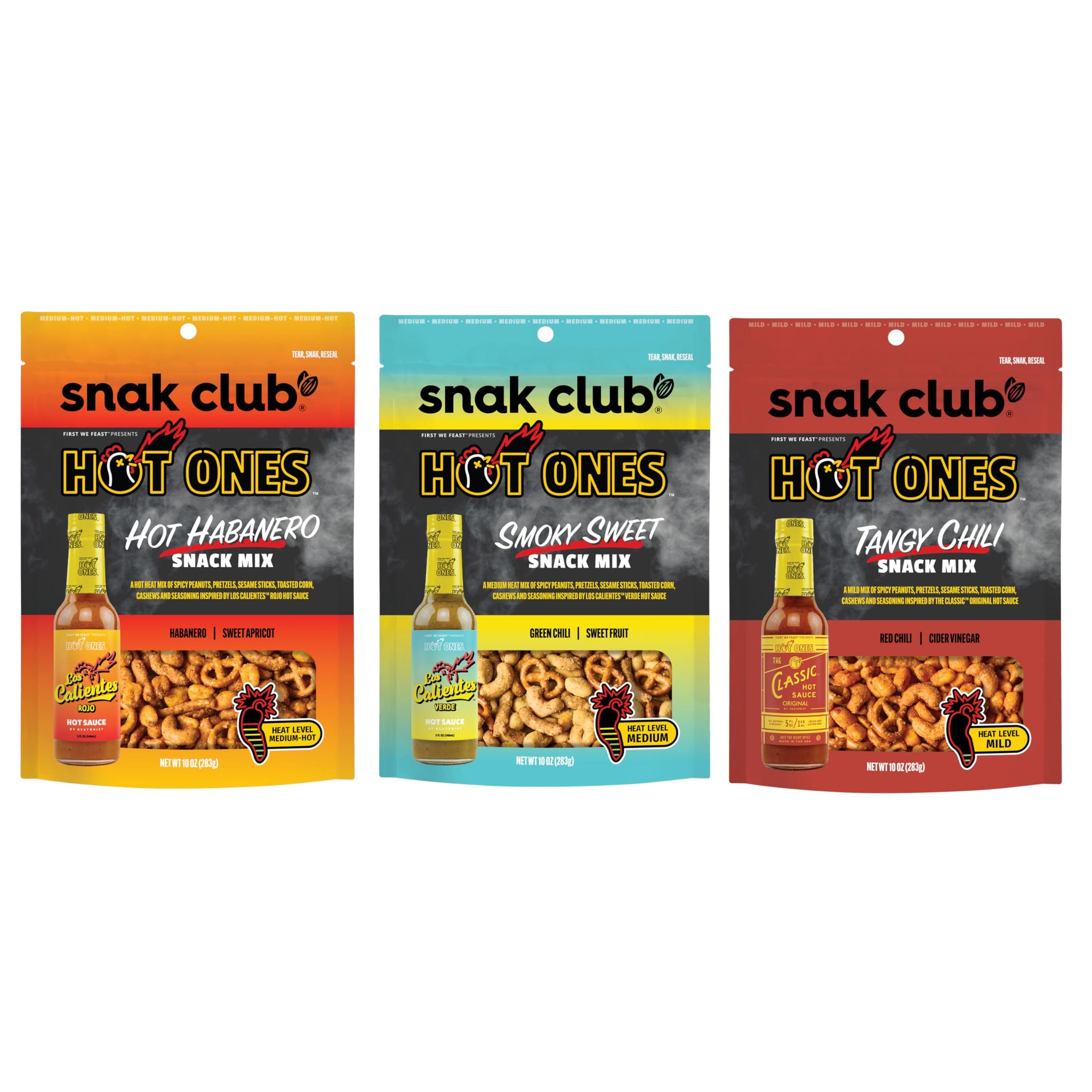 Snak Club x Hot Ones Snack Mix, Hot Habanero, Sweet Smoky, and Tangy Chili, Spicy Snacks with Peanuts, Pretzels, Sesame Sticks, Toasted Corn, Cashews