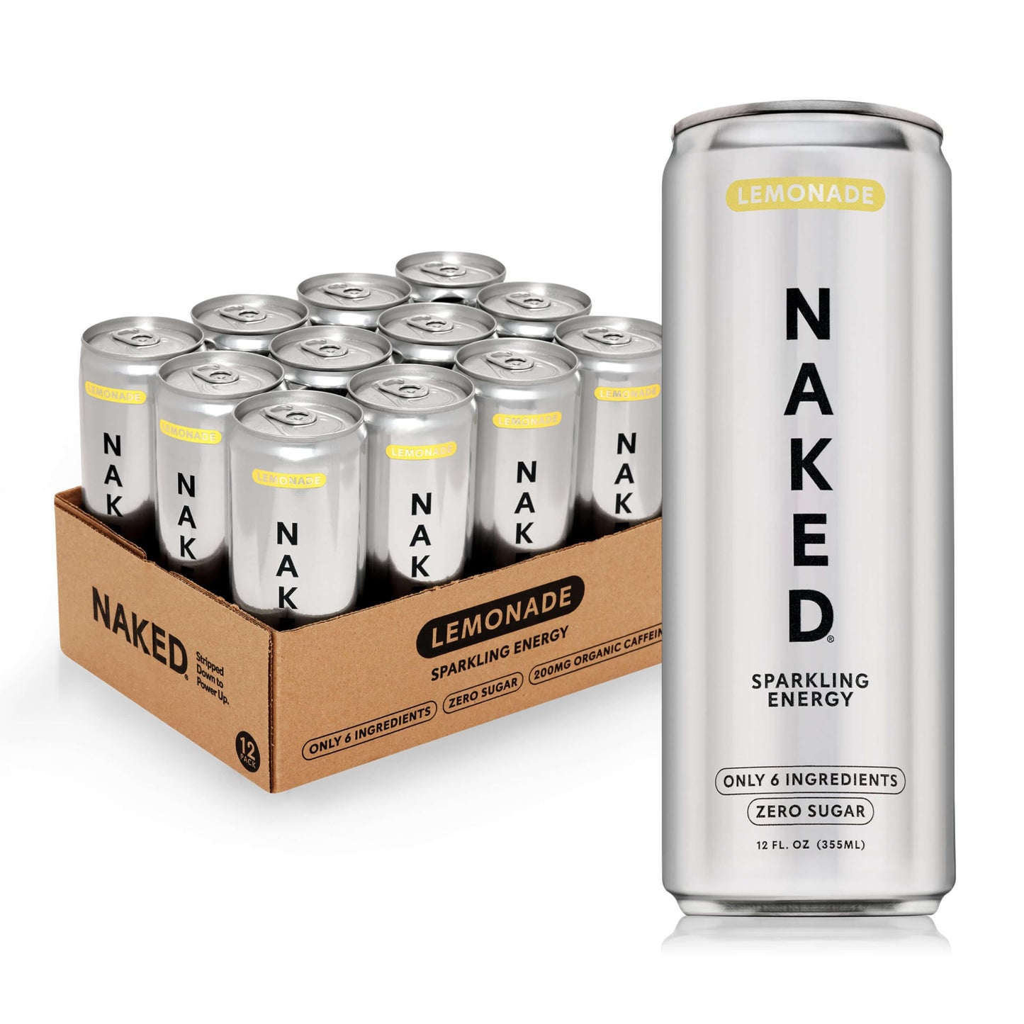 Naked Sparkling Energy Drink - Lemonade, Organic Caffeine, Organic Lemon Juice, Zero Sugar, No Sucralose, Naturally Sweetened, Clean Energy Drinks