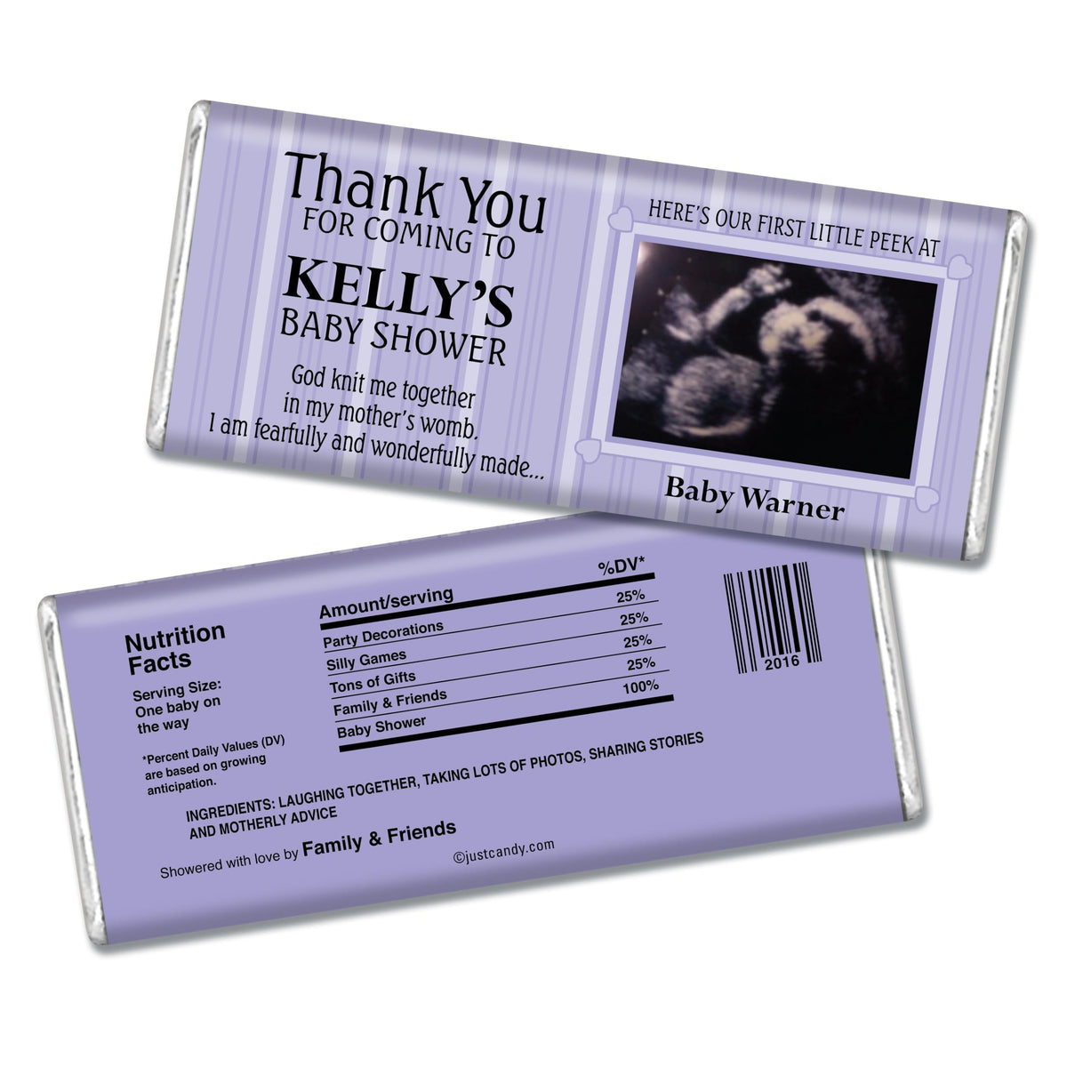 25pk Baby Shower Custom Sonogram Photo Wrappers for Chocolate Bars - Lilac