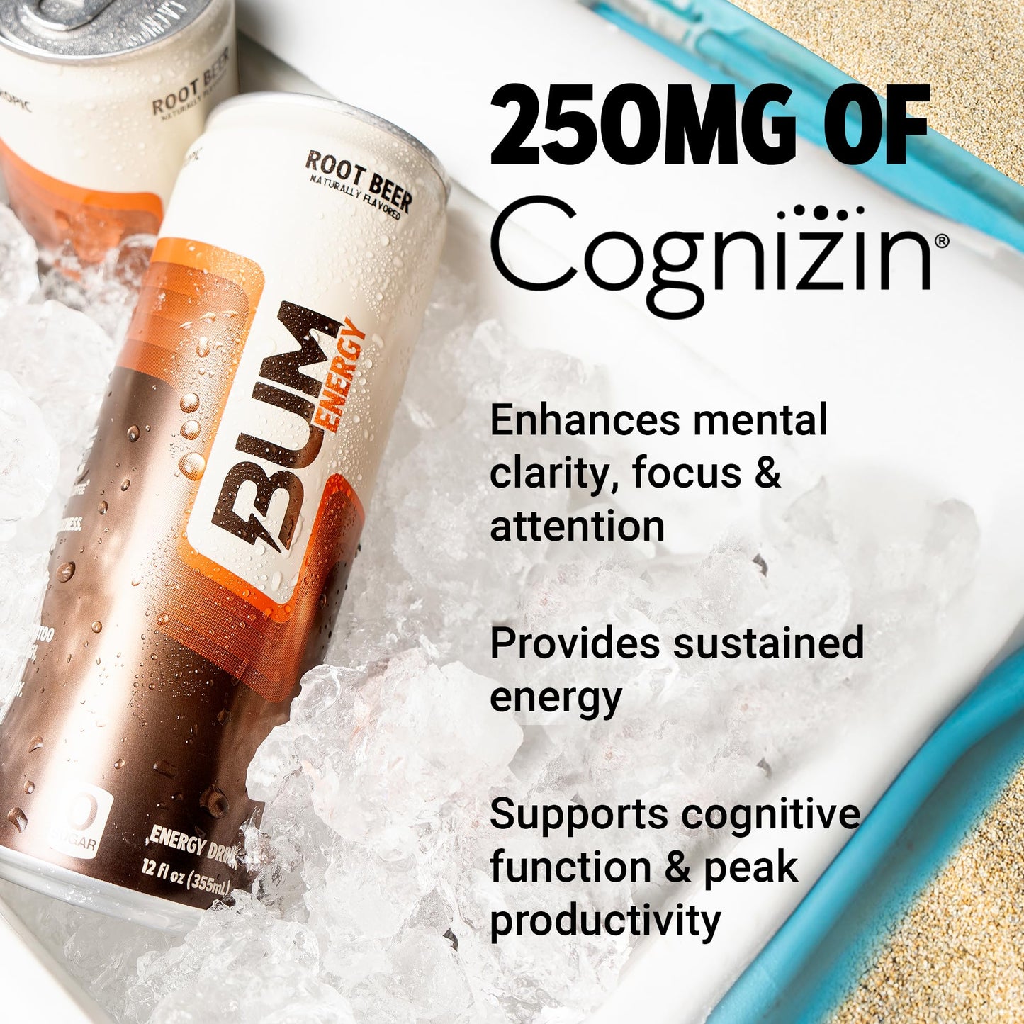 BUM Sugar-Free Energy Drink, Root Beer - Lightly Carbonated & No Artificial Colors, Natural Caffeine & Citicoline for Energy & Focus, Brain Boost