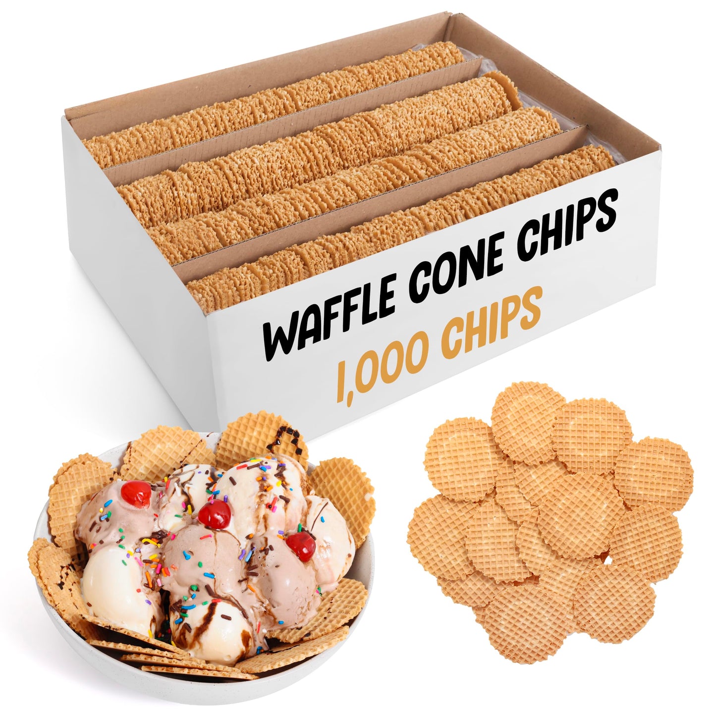 Waffle Cone Chips For Ice Cream Nachos - Round Waffle Chip - Round Wafer Cookies - Bulk Pack - 1,000 Chips