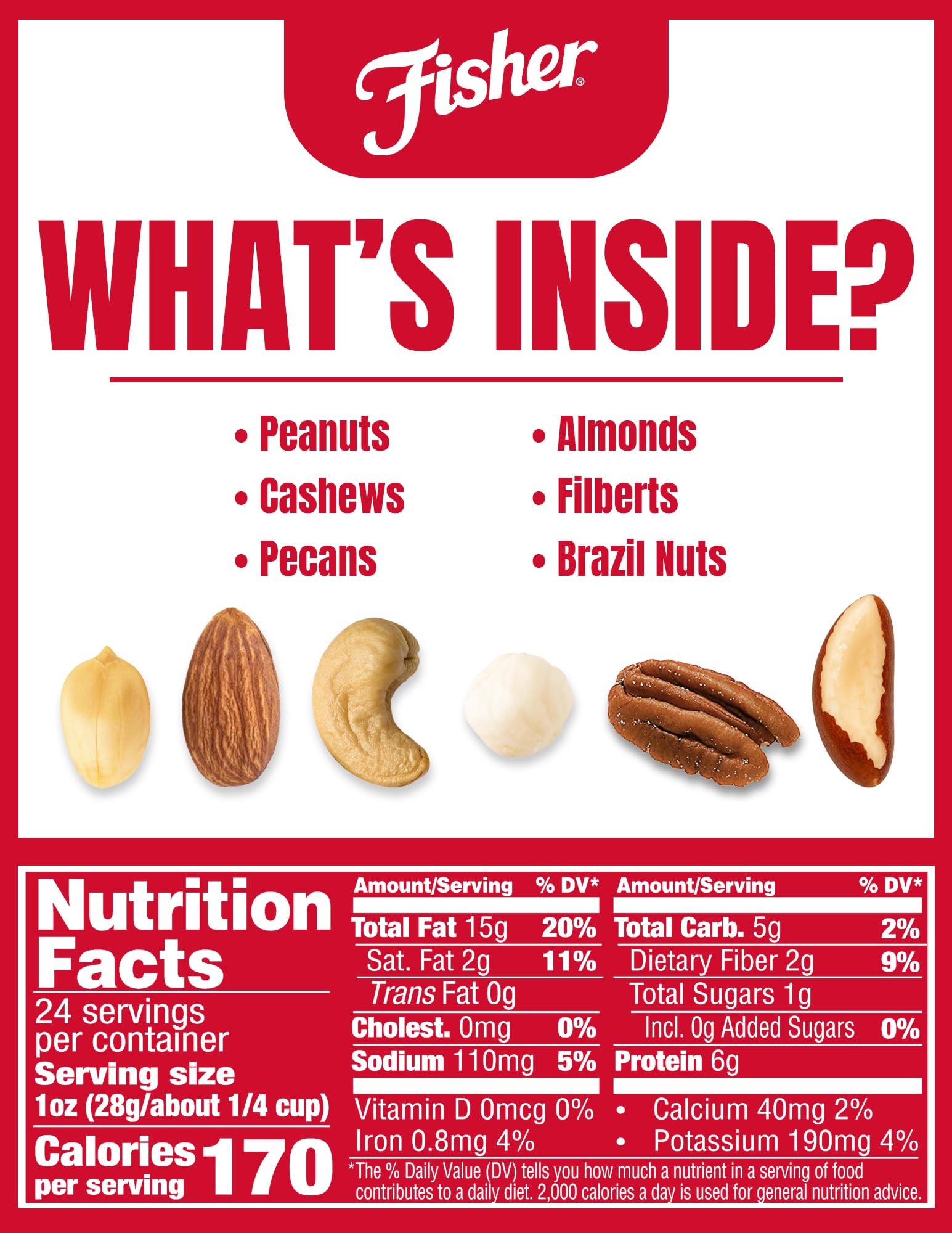 FISHER Snack Mixed Nuts with Peanuts, 24 oz Almonds, Cashews, Filberts, Pecans, Brazil Nuts,