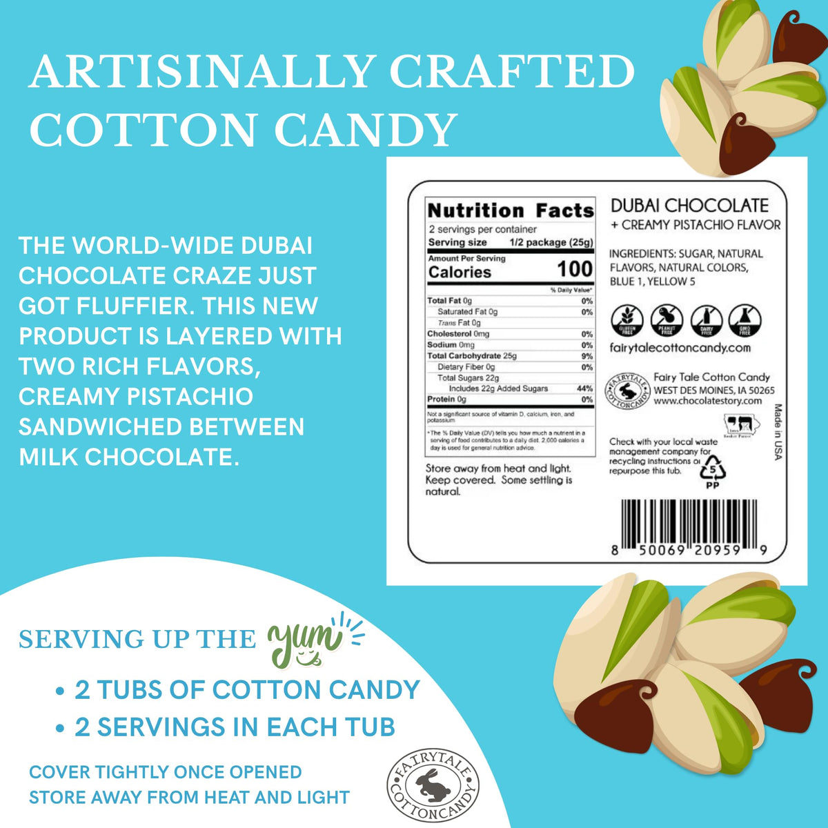 CHOCOLATE STORYBOOK Gourmet Flavored Cotton Candy - Unique Idea for Holidays, Birthdays, Gag Gifts, Party Favors (Dubai Chocolate, 1.75 oz, 2-Pack)