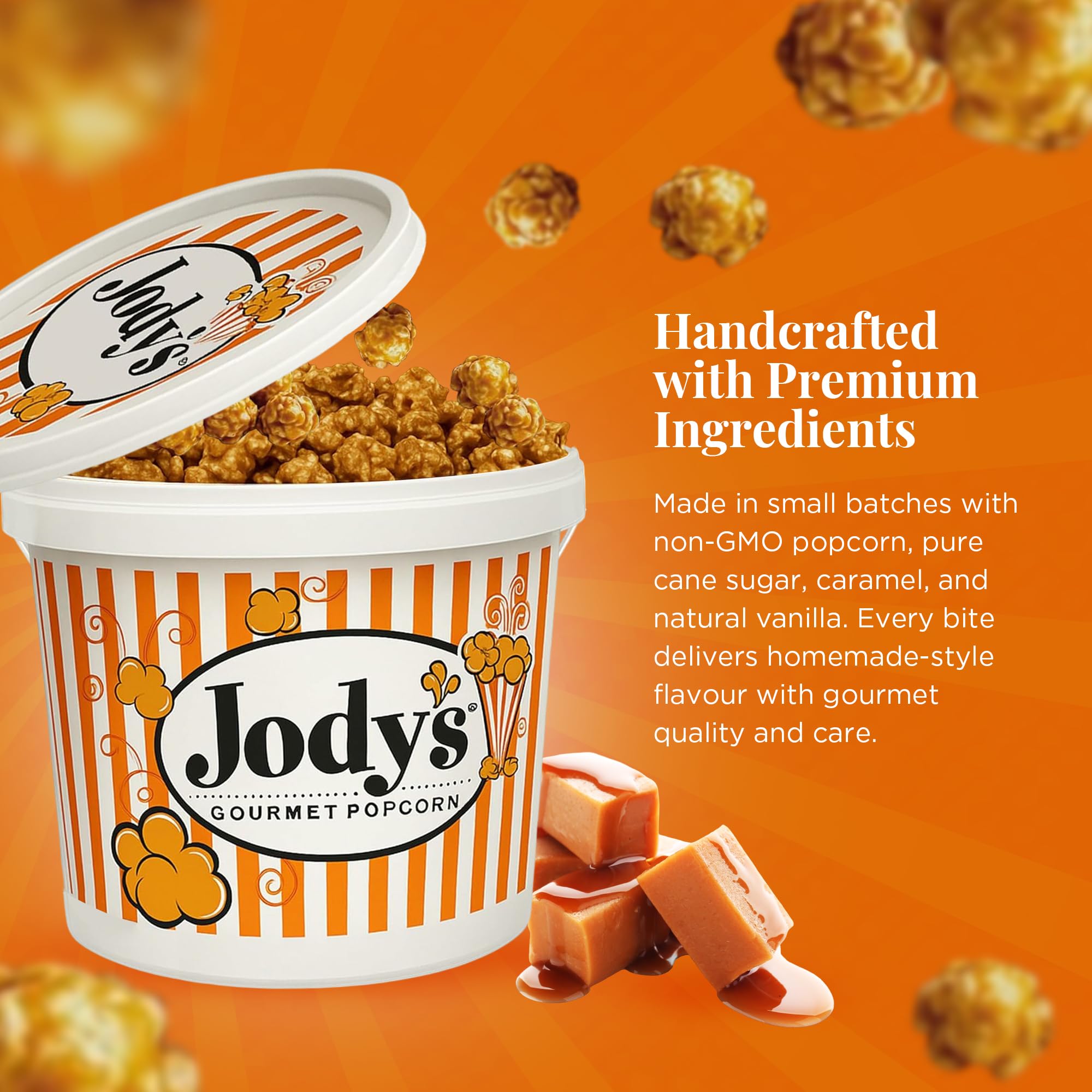Jody’s Gourmet Caramel Corn Tub 37.5oz - Sweet Crunchy Popcorn Made with Real Butter & Non-GMO Kernels - Gluten Free, Kosher Dairy - Perfect