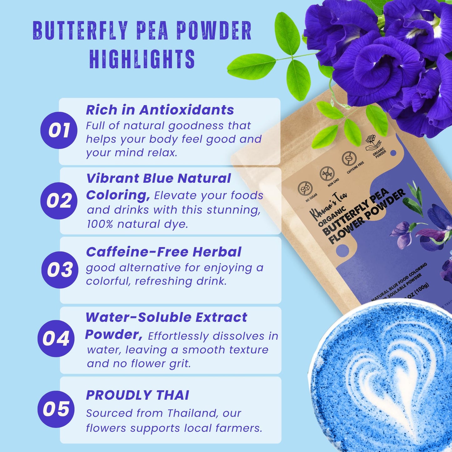 KHWAN'S TEA Butterfly Pea Flower Extract Powder, 3.5 oz(100g) USDA Organic, Vegan Blue Food Coloring, - Single-Origin Thai, Concentrated No Fiber