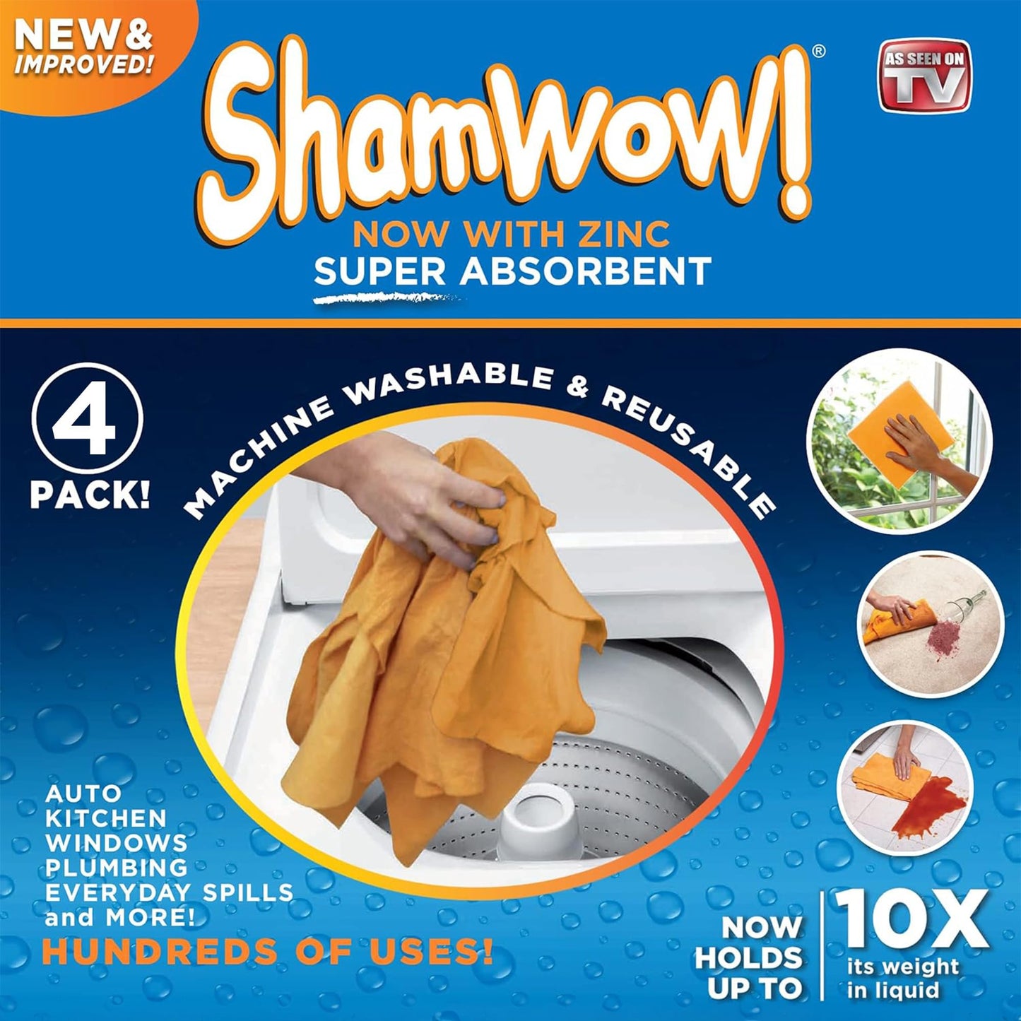 ShamWow 4pk (20"x27") Shammy Super Absorbent Multi-Purpose Home Cleaning, Chamois Towel for Cars, Lint-Free, Streak-Free & Scratch-Free, Holds 10x Its