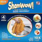 ShamWow 4pk (20"x27") Shammy Super Absorbent Multi-Purpose Home Cleaning, Chamois Towel for Cars, Lint-Free, Streak-Free & Scratch-Free, Holds 10x Its