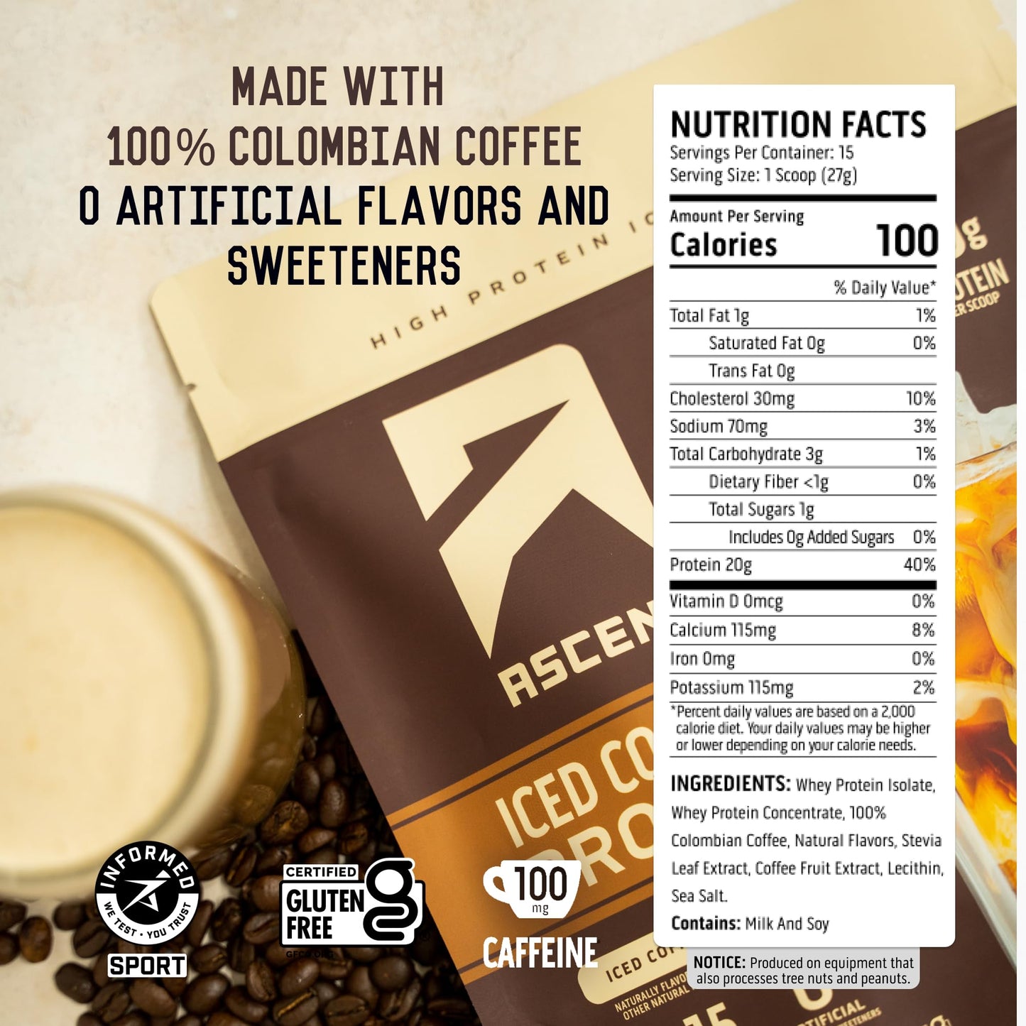 Ascent Iced Coffee Protein Powder - High Protein Coffee Powder, 20 g Protein & 100 mg Caffeine from Premium Colombian Coffee, Zero Artificial Flavors