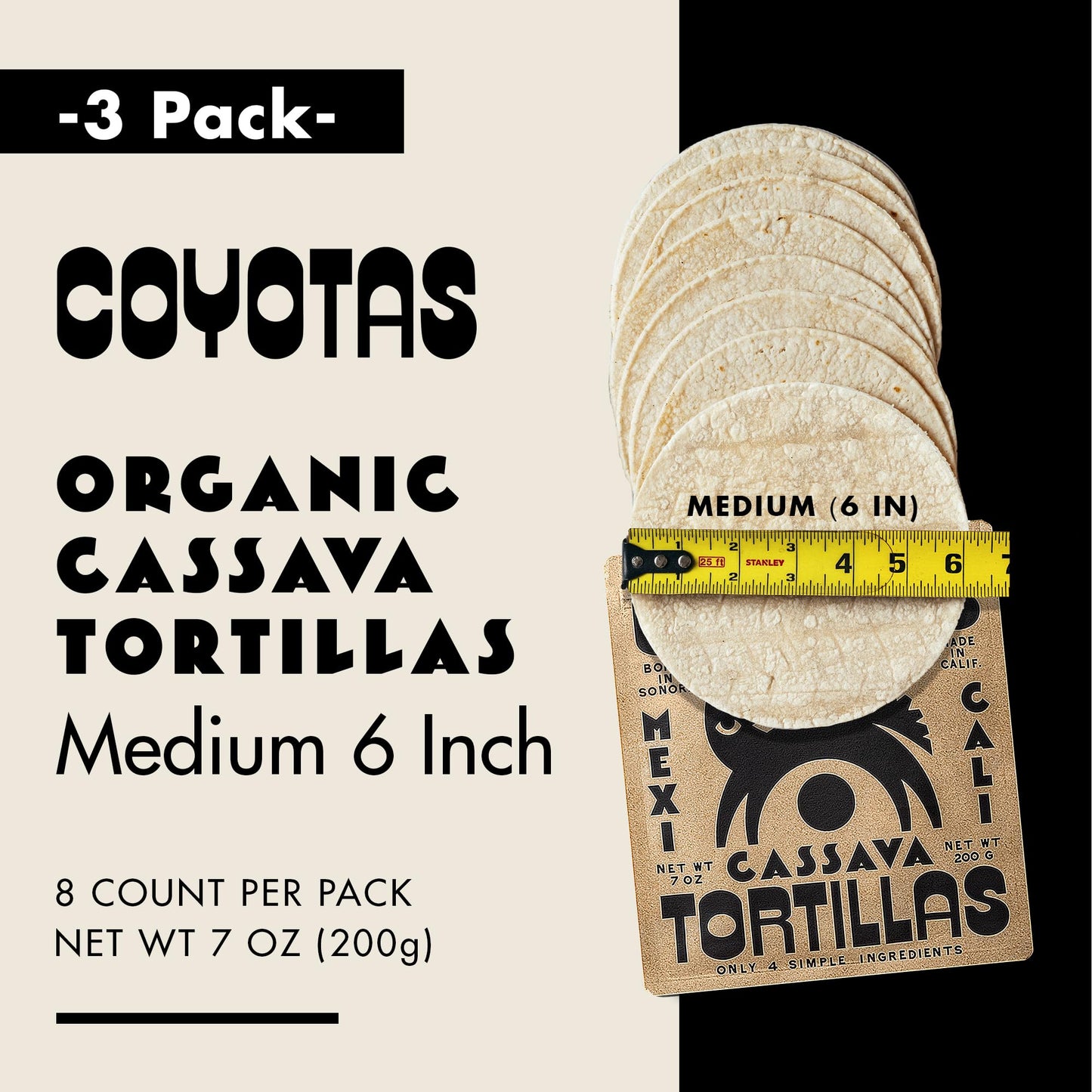 Coyotas - Organic Cassava Tortillas - Grain-Free, Gluten-Free, Non-GMO, Vegan, Paleo, Medium 6 Inch - 8 Tortillas Per Pack (3 Packs)