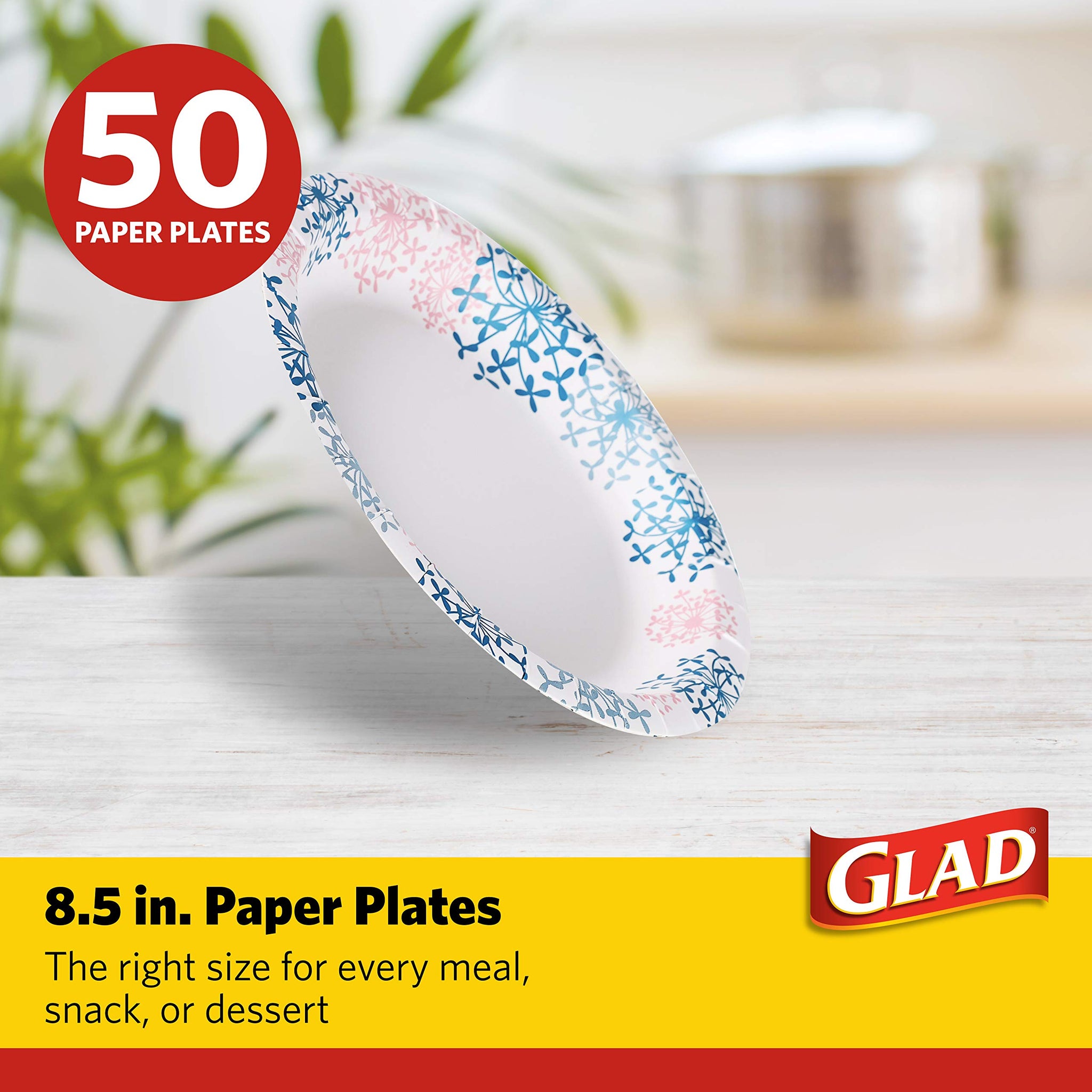 Glad Round Disposable Paper Plates, Heavy Duty Soak Proof Cut Proof Microwave Safe Pink Dinner Plates for Parties, Picnics, and Everyday Meals, Pink