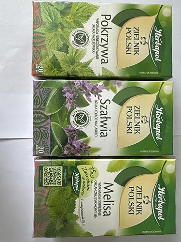 HERBAPOL Lublin HERBAL TEA (Variety Pack). NETTLE, LEMON BALM, SAGE. Natural Herbal Tea - 20 Tea Bags Each. Product from Poland.