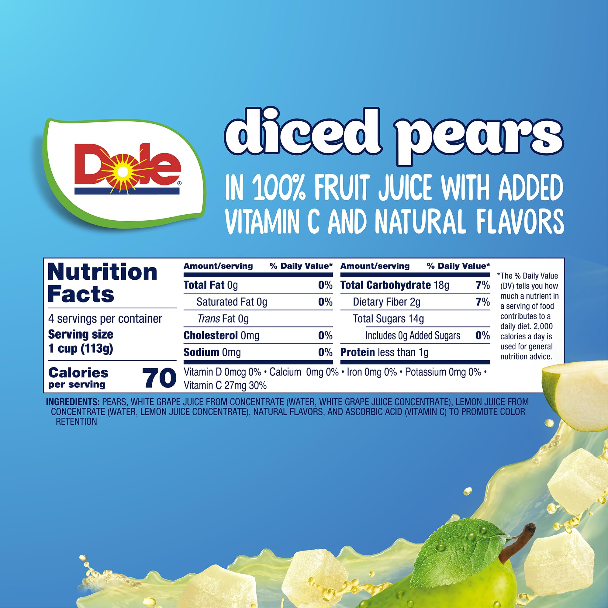 Dole Diced Pears in 100% Juice - Dole Fruit Bowls Snacks - 4 oz Fruit Bowls - 4 Pack