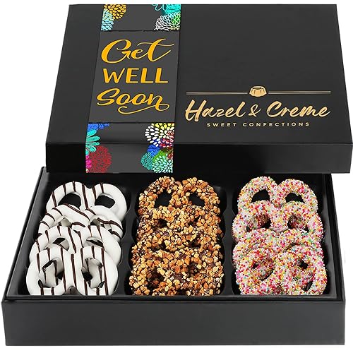 Hazel & Creme Gourmet Get Well Pretzels - Get Well Pretzel Gift Basket - Care Package Gift Box Treats- Gourmet Food Present - Kosher Vegan