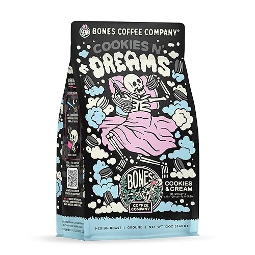 Bones Coffee Company Cookies 'N Dreams Cookies and Cream Flavored Coffee, Medium Roast Low Acid Arabica Beans Compatible with Auto drip and French