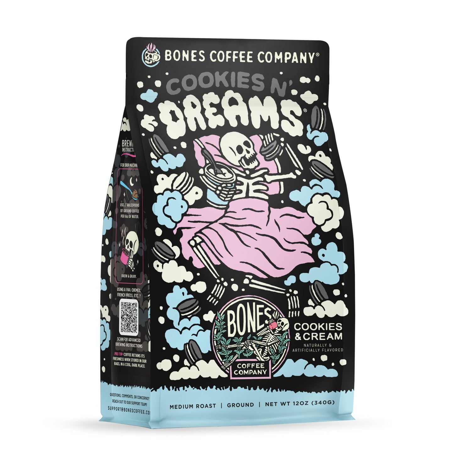 Bones Coffee Company Cookies 'N Dreams Cookies and Cream Flavored Coffee, Medium Roast Low Acid Arabica Beans Compatible with Auto drip and French