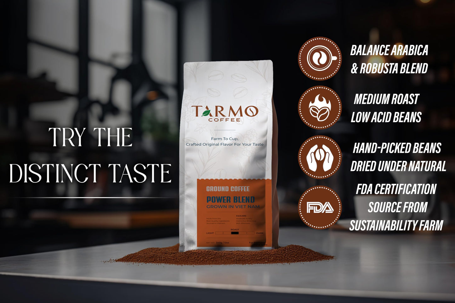 TARMO - POWER BLEND | Low Acid Ground Coffee | Specialty Vietnamese Coffee | Premium Arabica & Robusta Blend, Medium Roast Coffee, 12 Oz Bag