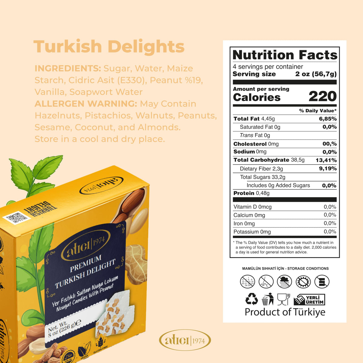 Atici Lokum Authentic Turkish Delight 8oz - Gourmet Vegan Sweets, Gluten-Free, Halal Soft Chewy Candy Gift Box | Traditional Premium Lokum Loukoumi