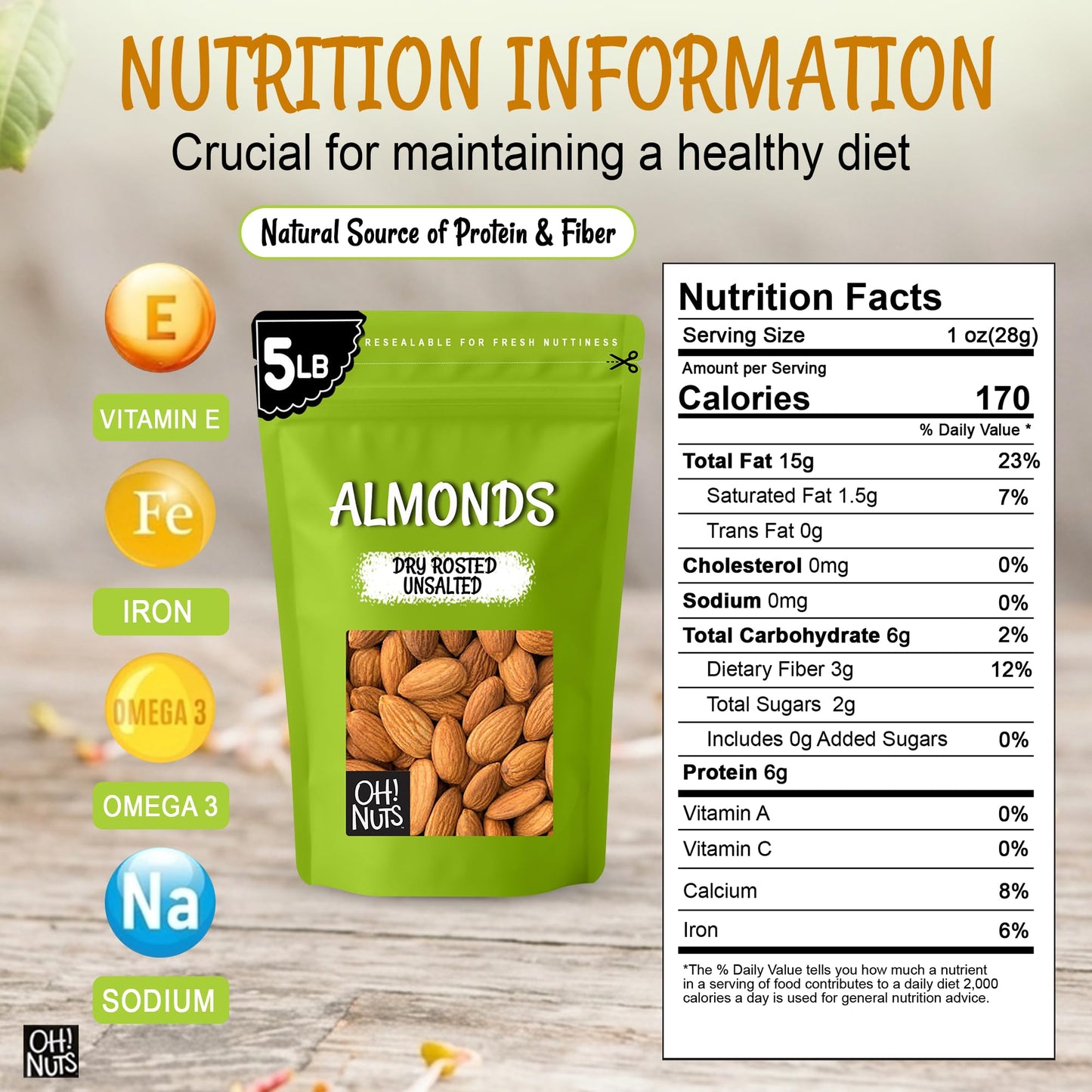 Oh! Nuts Almonds - Dry Roasted Unsalted Almonds - 5 lb - No Salt, No Oil All-Natural Protein - Packed in New York Zip-Seal Bag for Exceptional