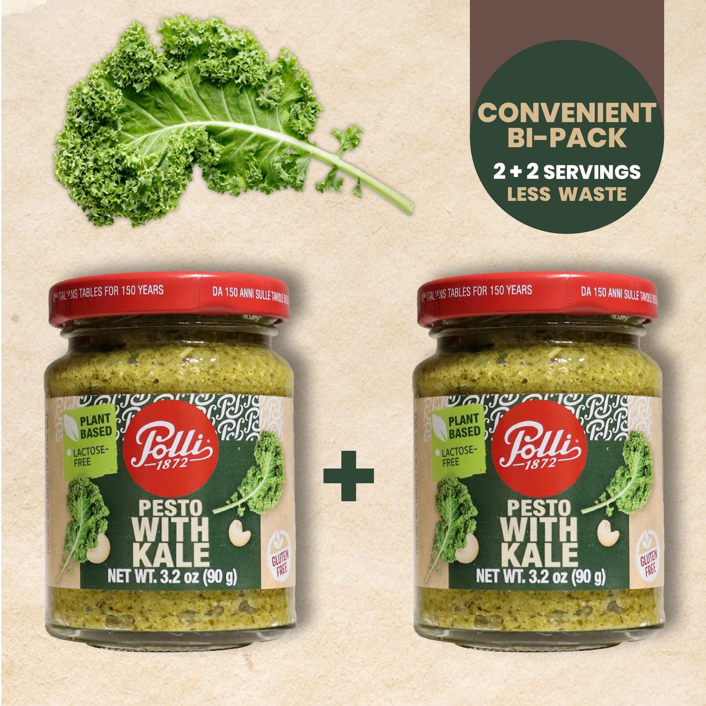Polli Kale Pesto - Italian Plant Based Pesto Sauce with Extra Virgin Olive Oil & Pine Nuts, Vegan Pasta Sauce, Dairy Free, Made in Italy, 2 x 3.2 oz