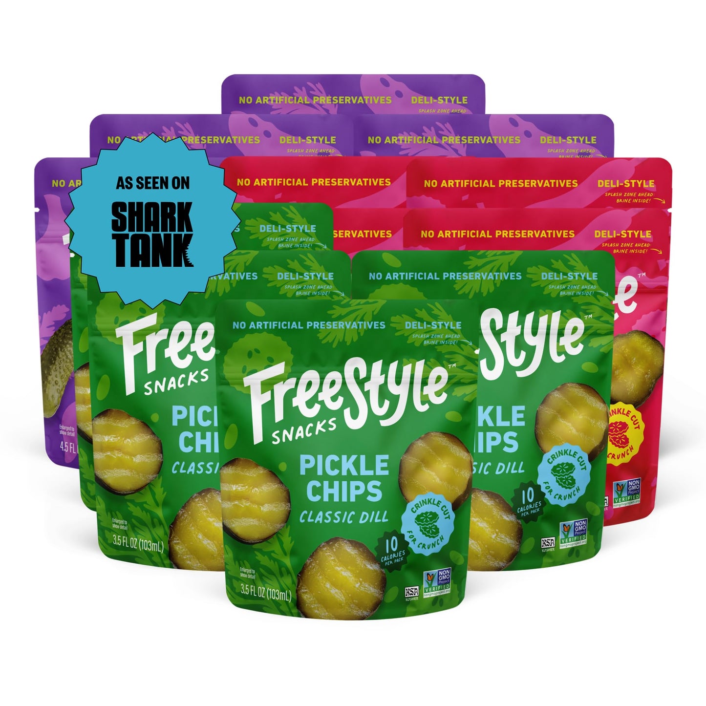 Freestyle Snacks Pickle Variety Snack Packs - 3 Flavors of All Natural, Fresh-Packed Deli-Style Pickles - Non-GMO, Kosher, Gluten-Free, Low Calorie
