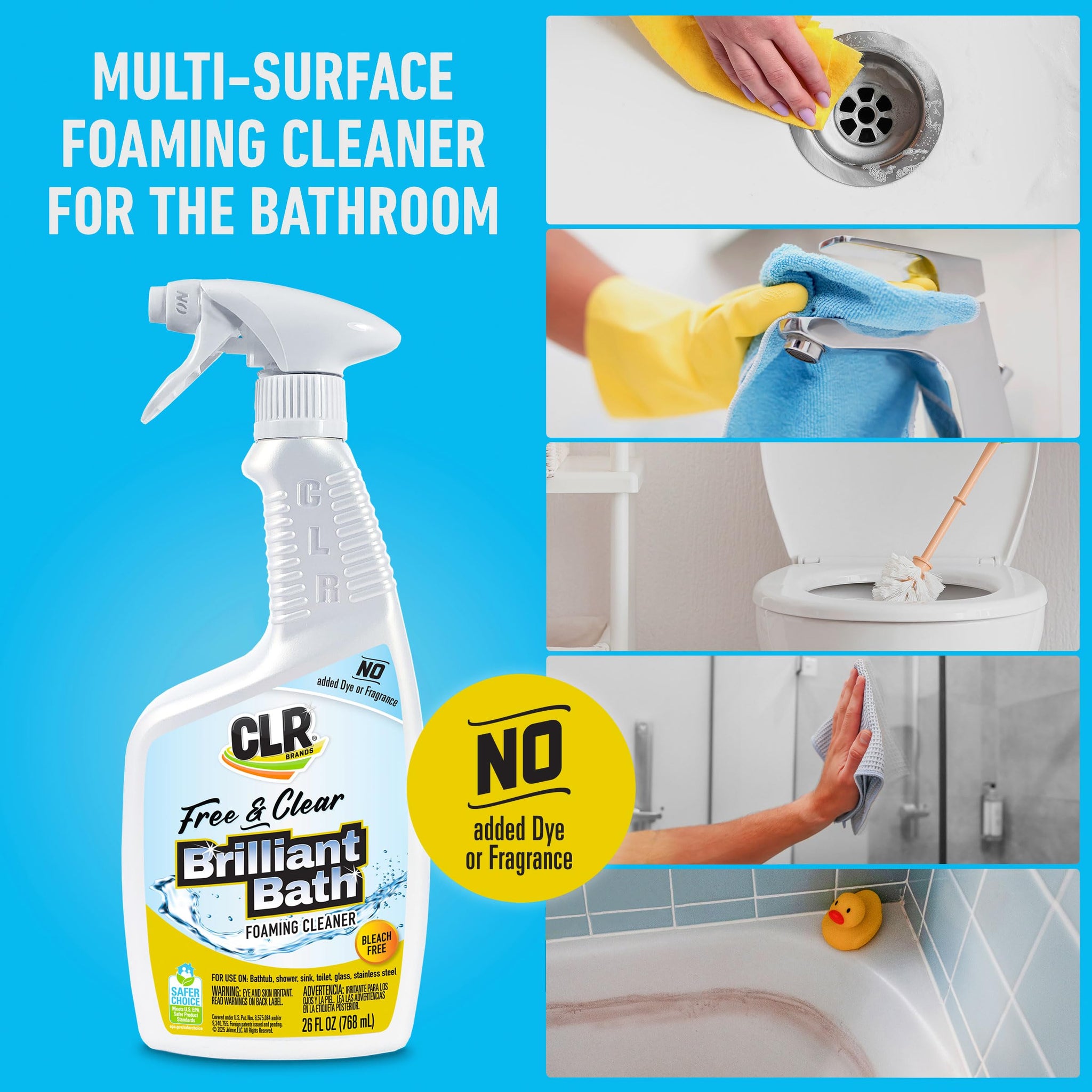 CLR Brands® Brilliant Bath Foaming Bathroom Cleaner Spray Free & Clear, No Added Dyes or Fragrances, Soap Scum and Hard Water Stain Remover, Use on