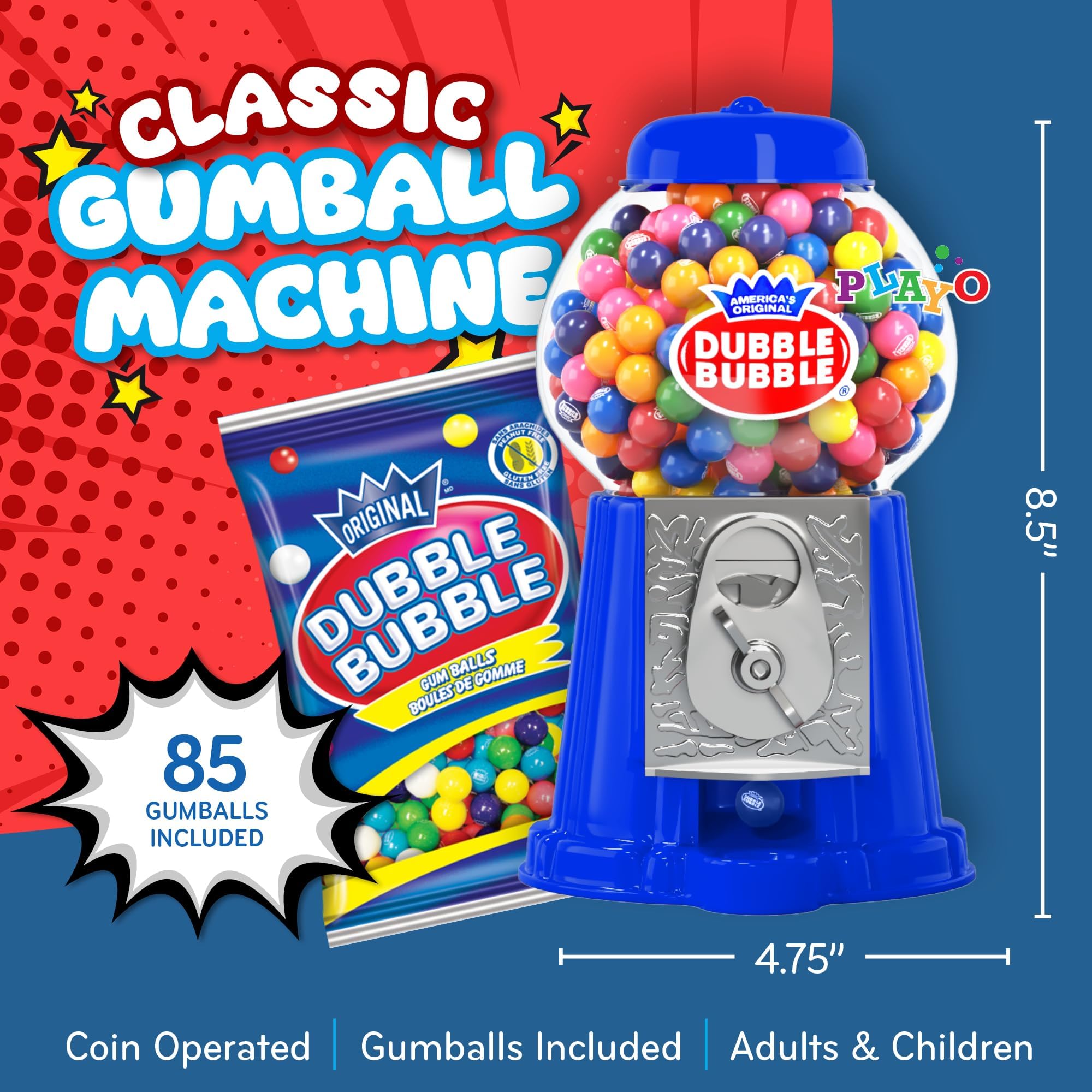 Gumball Machine For Kids 8.5" - Candy Dispenser Machine Includes 85 Gum Balls - Coin Operated Double Bubble Gum Machine And Toy Bank - Mini Gumball