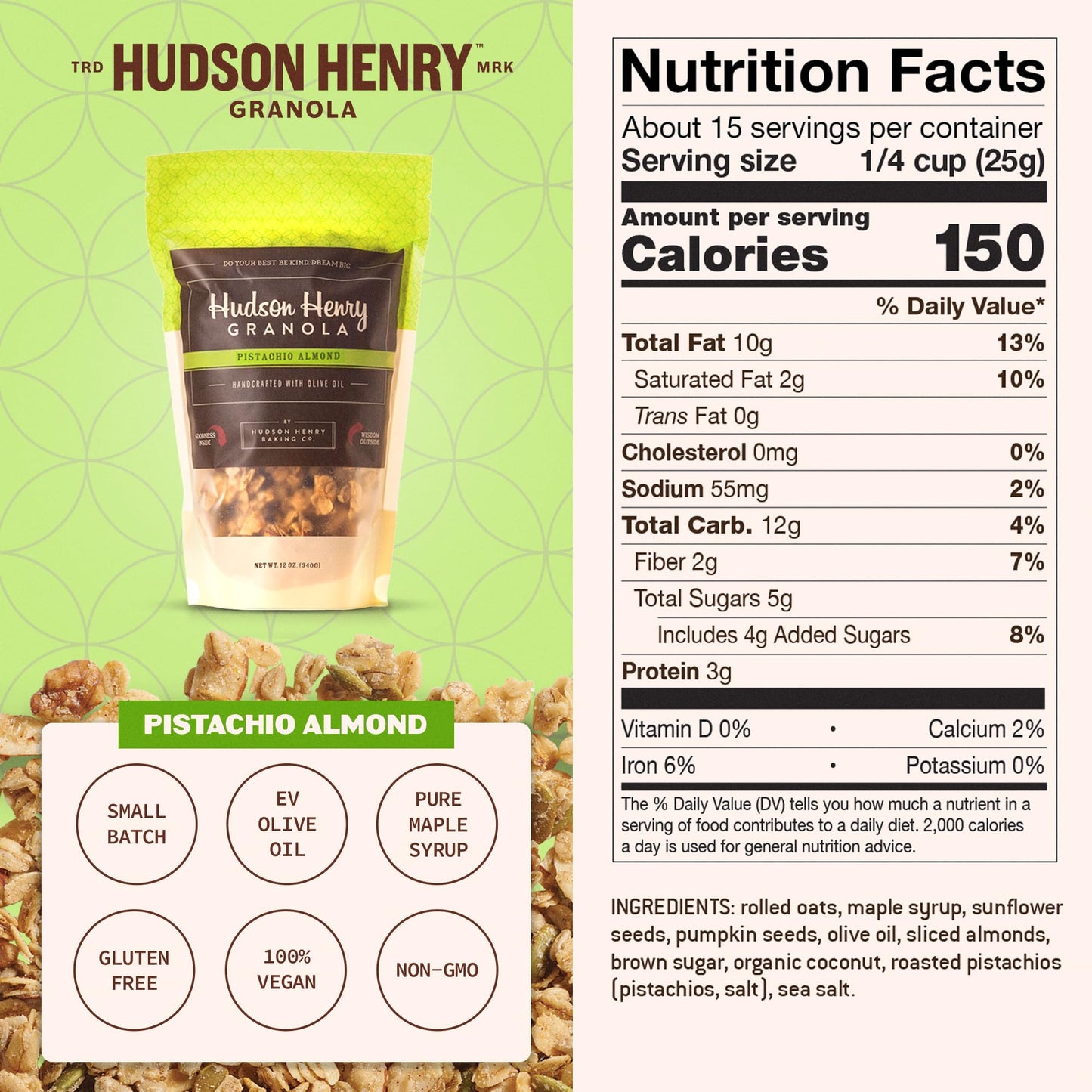 Hudson Henry Pistachio Almond Granola | Gluten Free Granola with Nuts and Seeds | Vegan, Non-GMO & Small Batch Baked with Pure Maple Syrup & Extra