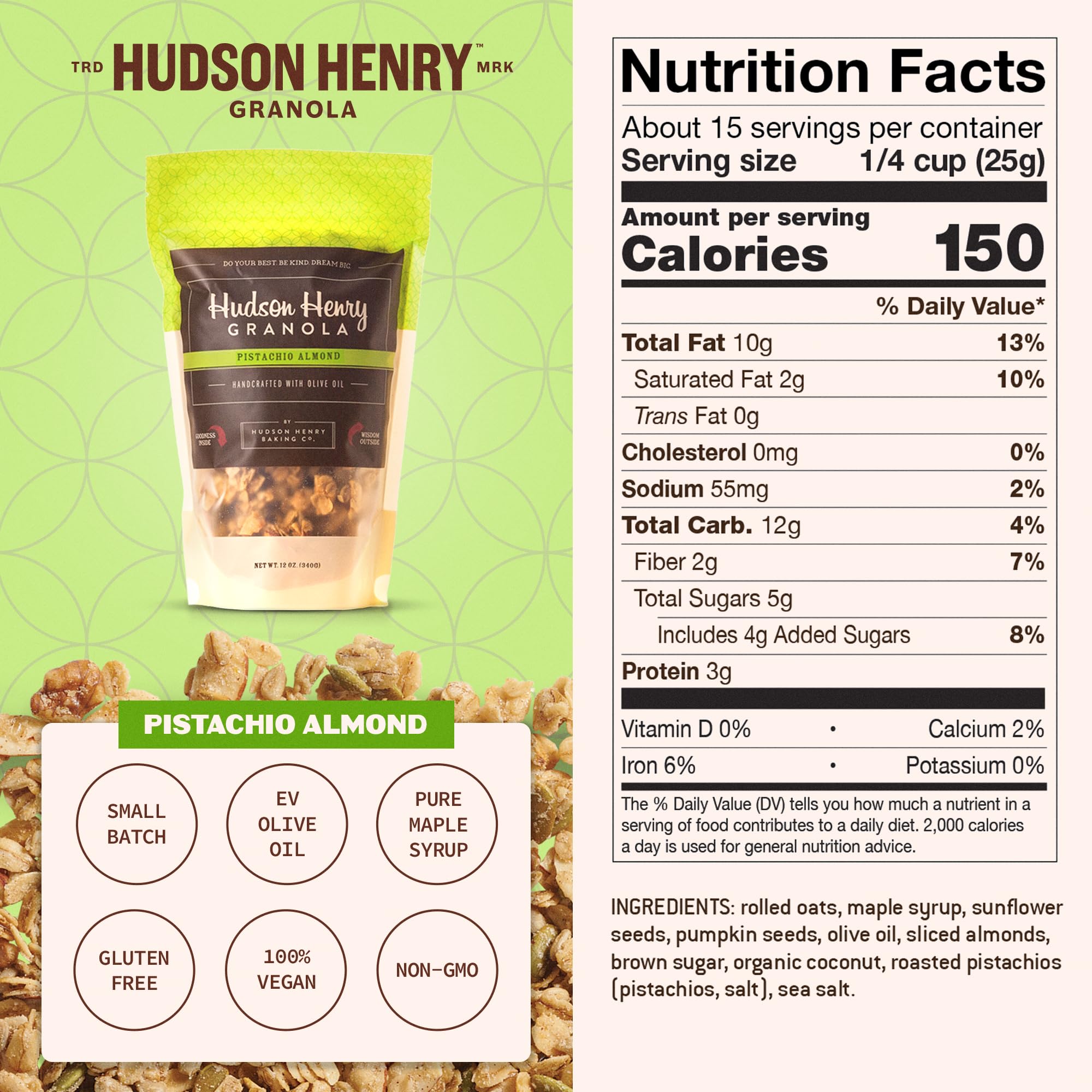 Hudson Henry Pistachio Almond Granola | Gluten Free Granola with Nuts and Seeds | Vegan, Non-GMO & Small Batch Baked with Pure Maple Syrup & Extra