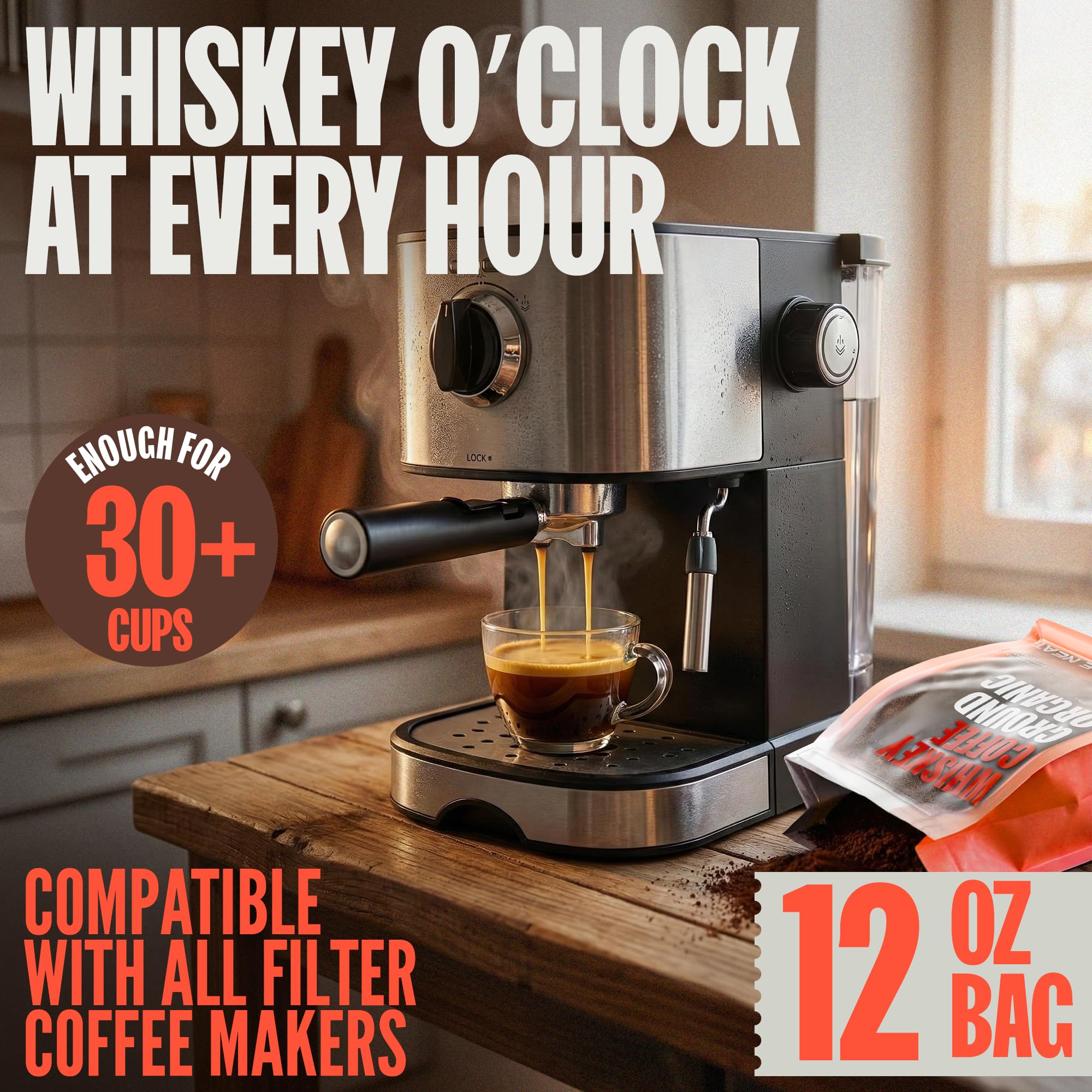 Double Neat Whiskey Coffee Organic - Enough for 30+ Cups - Bourbon Barrel Aged Ground Coffee - Premium Small-Batch Medium Roasted - Cool Coffee Gifts