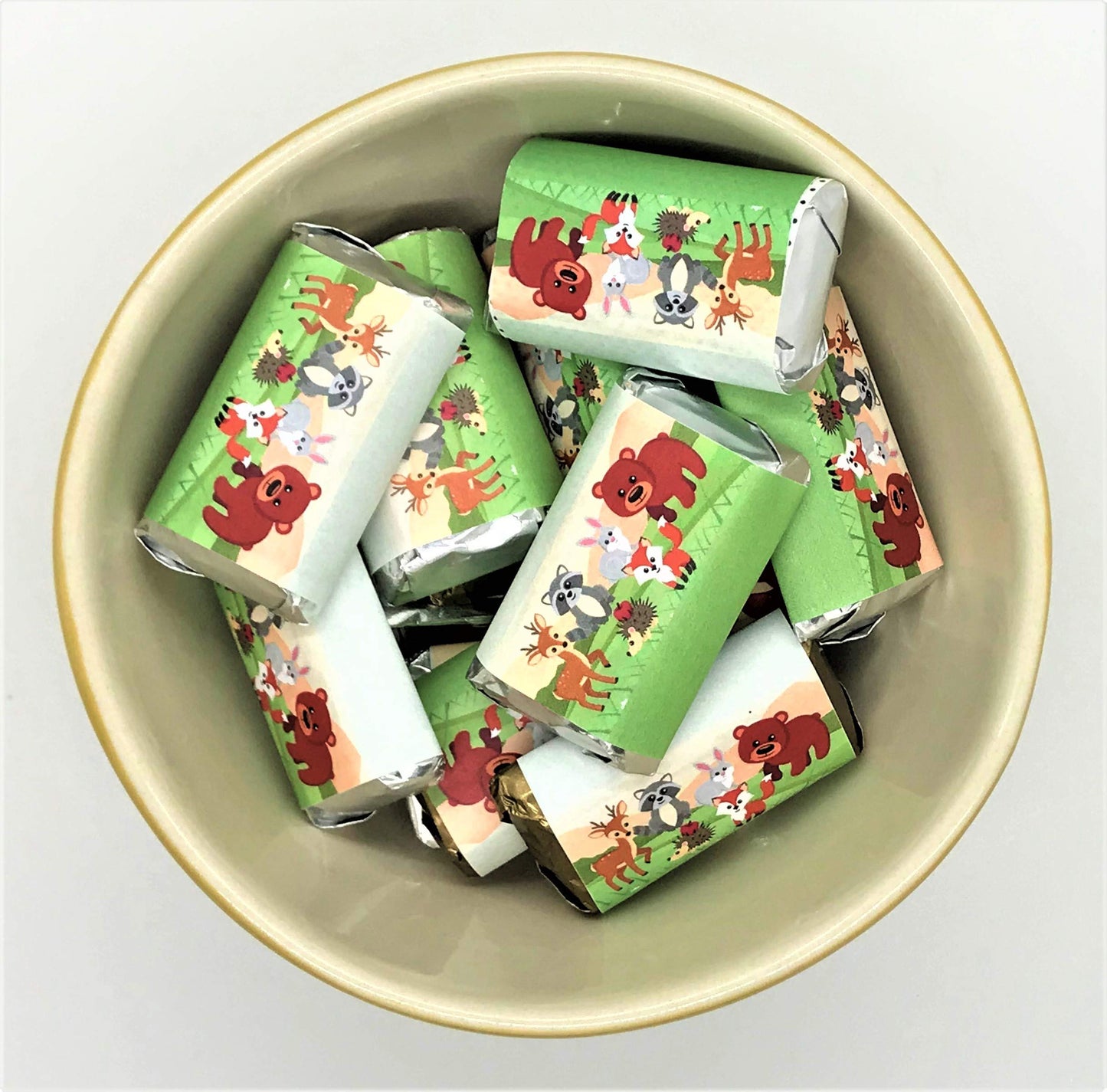 60 Forest Animals Miniatures Candy Bar Wrapper Decorations, Woodland Creatures Mini Candy Bar Stickers for Baby Shower or Birthday Party. Made in USA