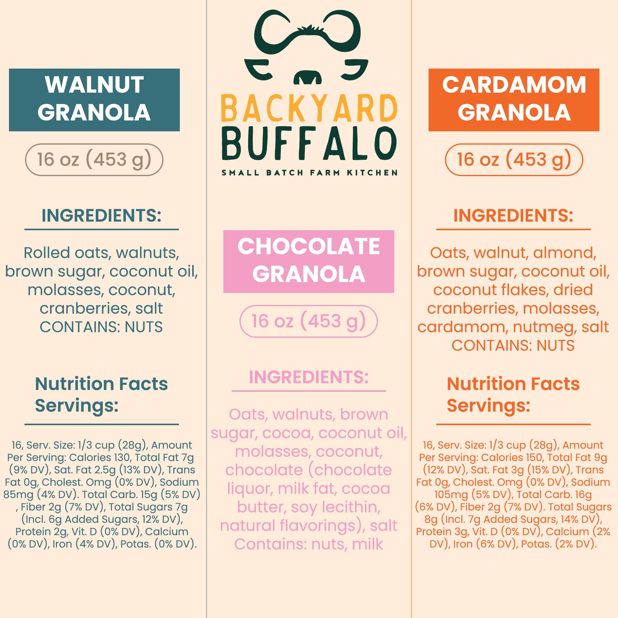 Backyard Buffalo Small Batch Chocolate Granola Trio, Packed with Fiber and Protein, 16 oz bags (Pack of 3)