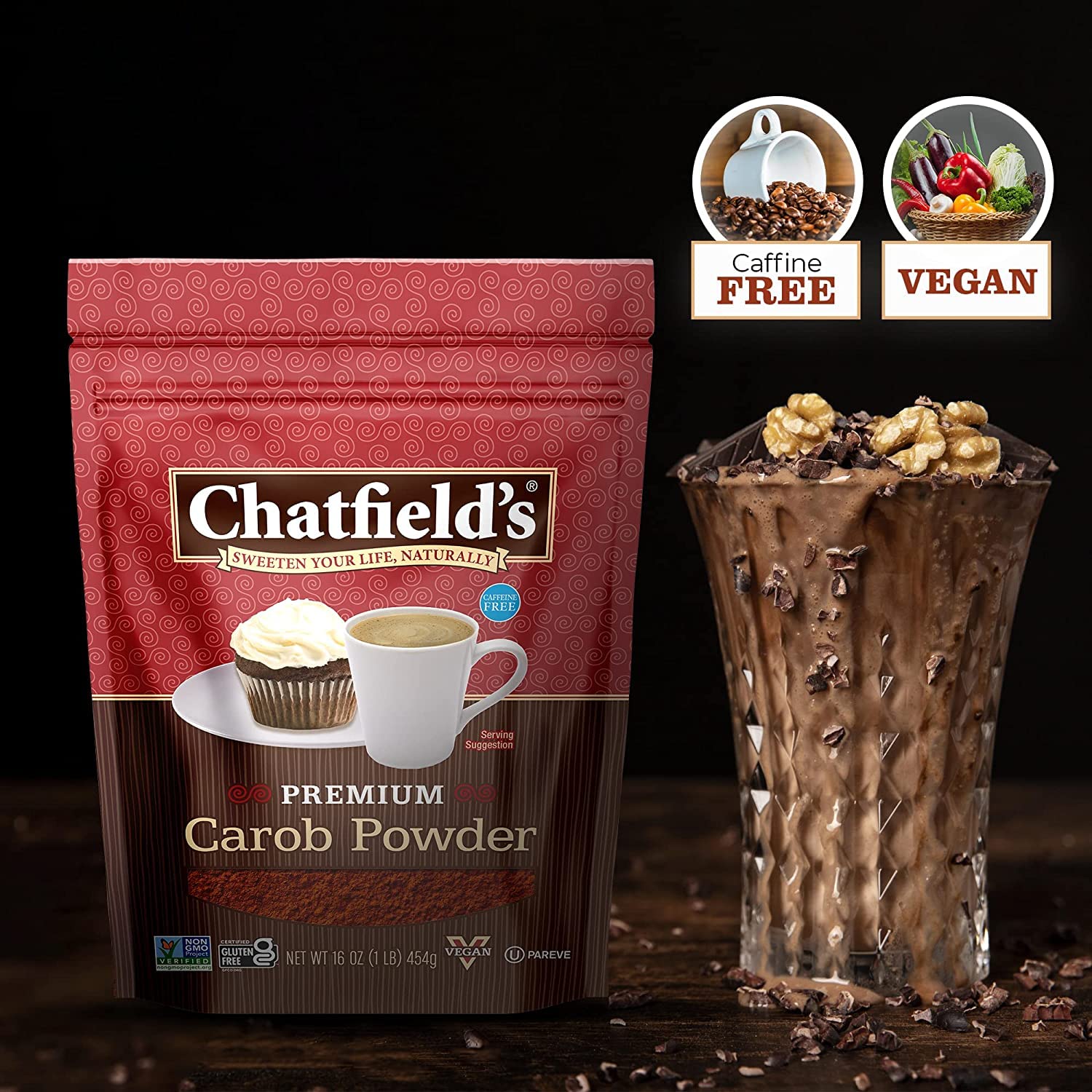 Chatfield’s All Natural Carob Powder 16-oz Pouch, Sweet and Delicious, Premium Quality, Caffeine-Free, Gluten-Free, Vegan, Kosher, Non-GMO Verified - (2 Pack)