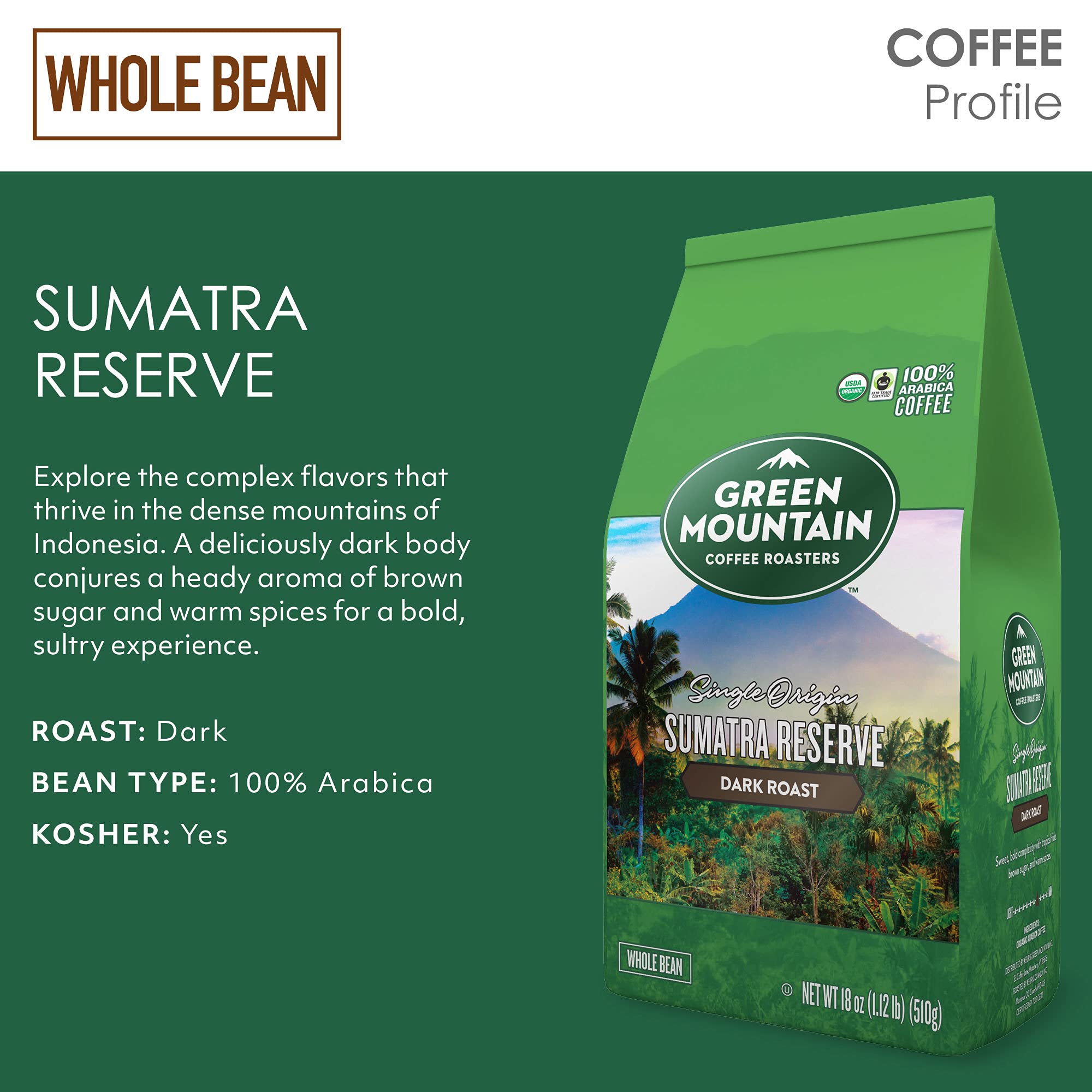 Green Mountain Coffee Roasters Sumatra Reserve, Whole Bean Coffee, Bagged 18 oz
