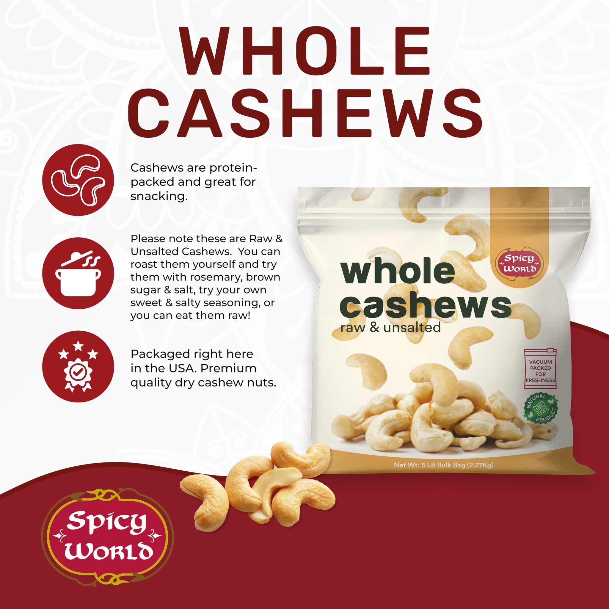 Spicy World Raw Cashews 5 LB (80oz) Bulk - Non-GMO, Gluten Free, Peanut Free, No Additives, Unsalted Natural & Pure Whole Cashews - Great for Pesto