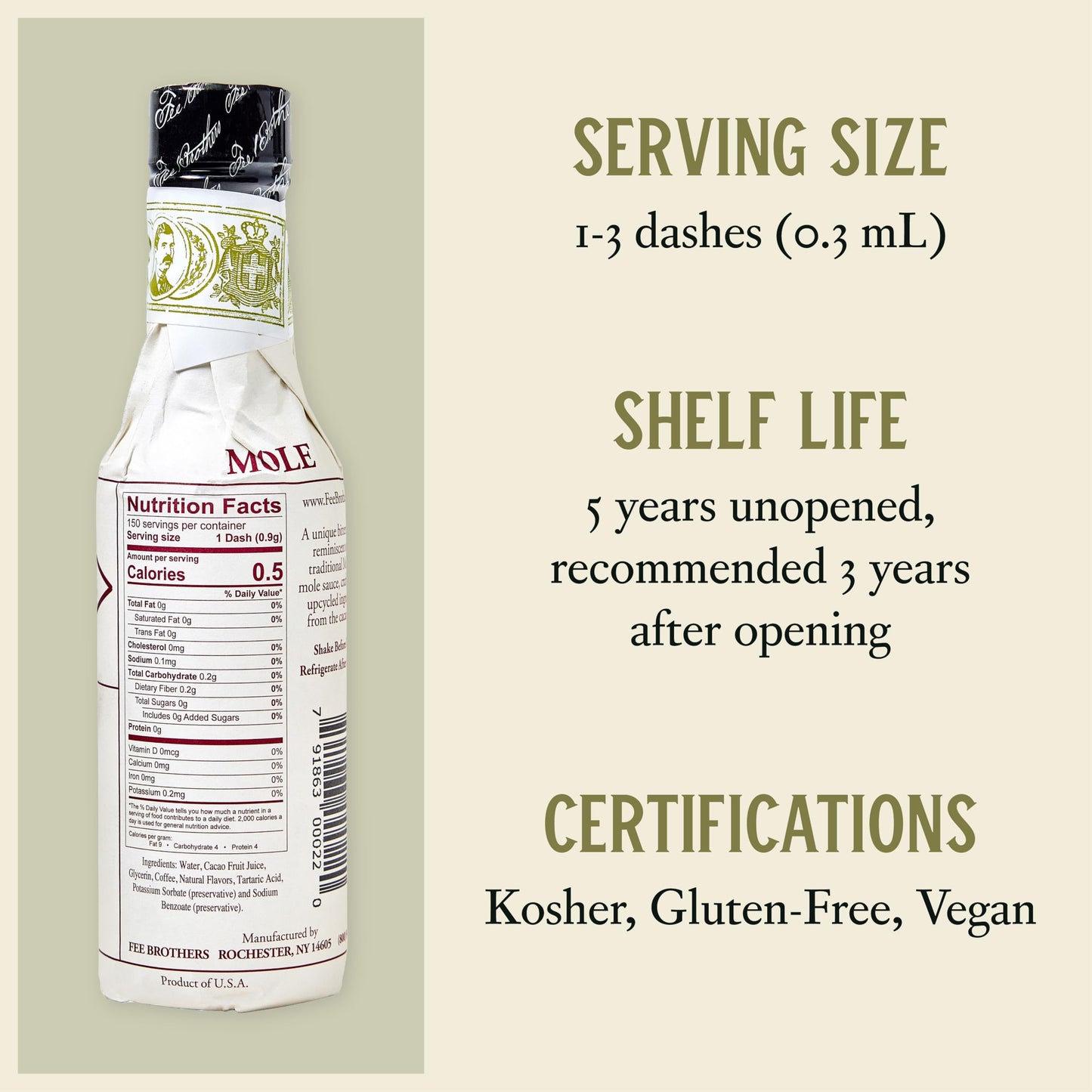 Fee Brothers Mole Cocktail Bitters - Aromatic Cocktail Mixer & Concentrated Flavoring, Gluten Free, Vegan-Friendly, 5 fl oz
