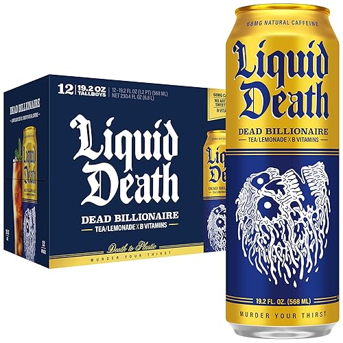 Liquid Death Iced Tea - Dead Billionaire (Black Tea/Lemonade), Less Sugar*, Boost of Caffeine, B Vitamins, No Artificial Sweeteners, King Size 19.2 Fl