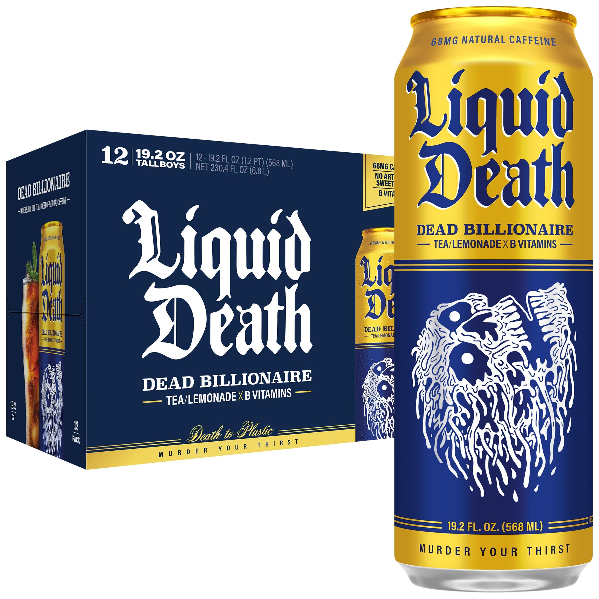 Liquid Death Iced Tea - Dead Billionaire (Black Tea/Lemonade), Less Sugar*, Boost of Caffeine, B Vitamins, No Artificial Sweeteners, King Size 19.2 Fl