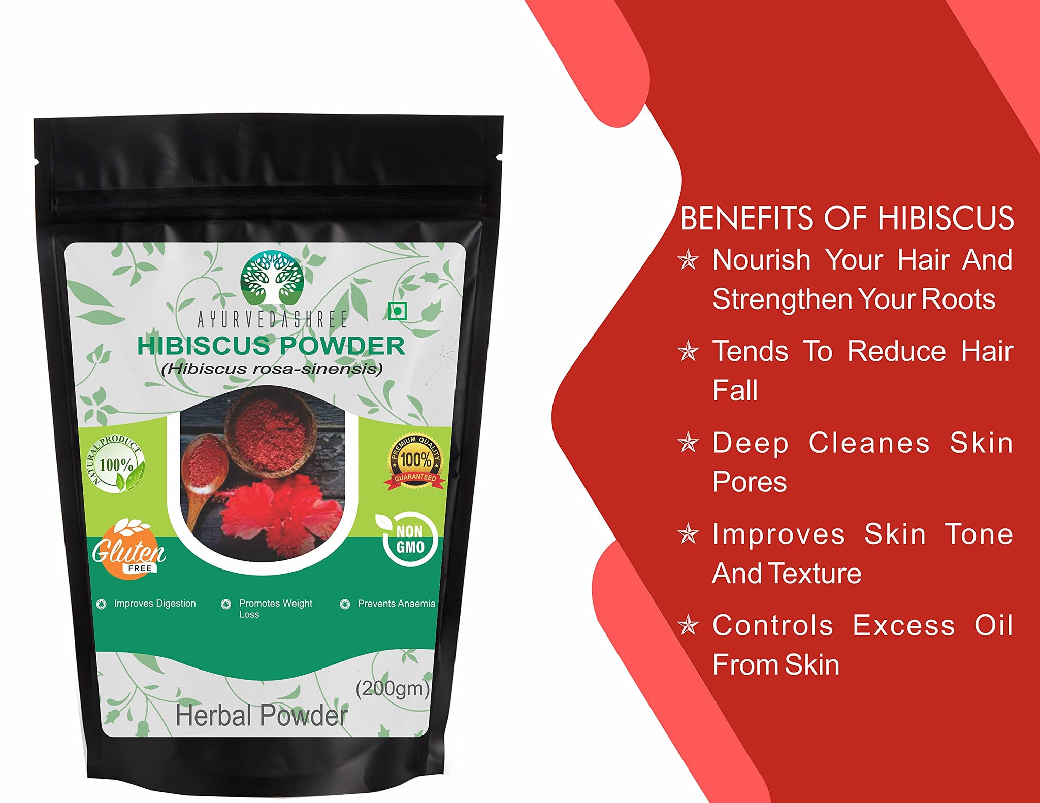 AYURVEDASHREE Hibiscus Flower Powder 200 Gm I Hibiscus Sabdariffa I Gurhal Phool Powder I Hair Mask I Refreshing Tea I Natural Herb I NON GMO I Vegan