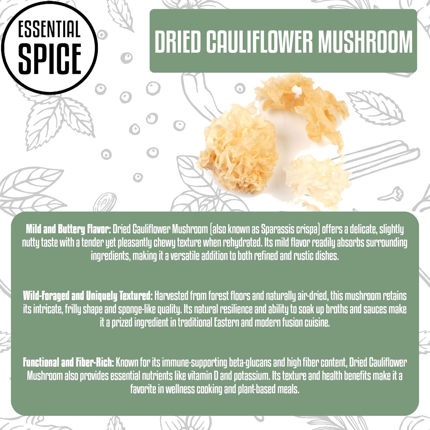 Essential Spice Dried Cauliflower Mushrooms - Frilly Texture & Mild, Nutty Flavor - Ideal for Stir-Fries, Soups, Braises & Broths - Wild-Harvested