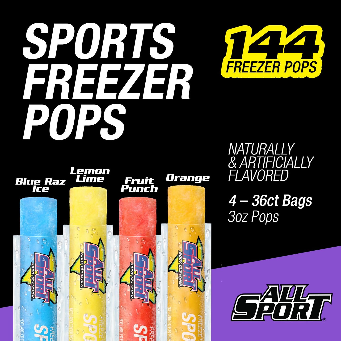 All Sport Freezer Pops, Giant Sized 3oz, 144 CT, Refreshing Ice Pops with Electrolytes, B Vitamins & Potassium -Blue Raz Ice, Lemon Lime, Fruit Punch