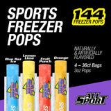 All Sport Freezer Pops, Giant Sized 3oz, 144 CT, Refreshing Ice Pops with Electrolytes, B Vitamins & Potassium -Blue Raz Ice, Lemon Lime, Fruit Punch