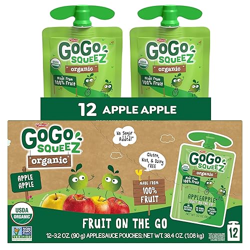 GoGo squeeZ No Sugar Added Organic Applesauce and Fruit Puree, Apple Apple, 3.2 oz Pouches (Pack of 12), Fruit Snacks for Kids, Gluten Free, Nut Free